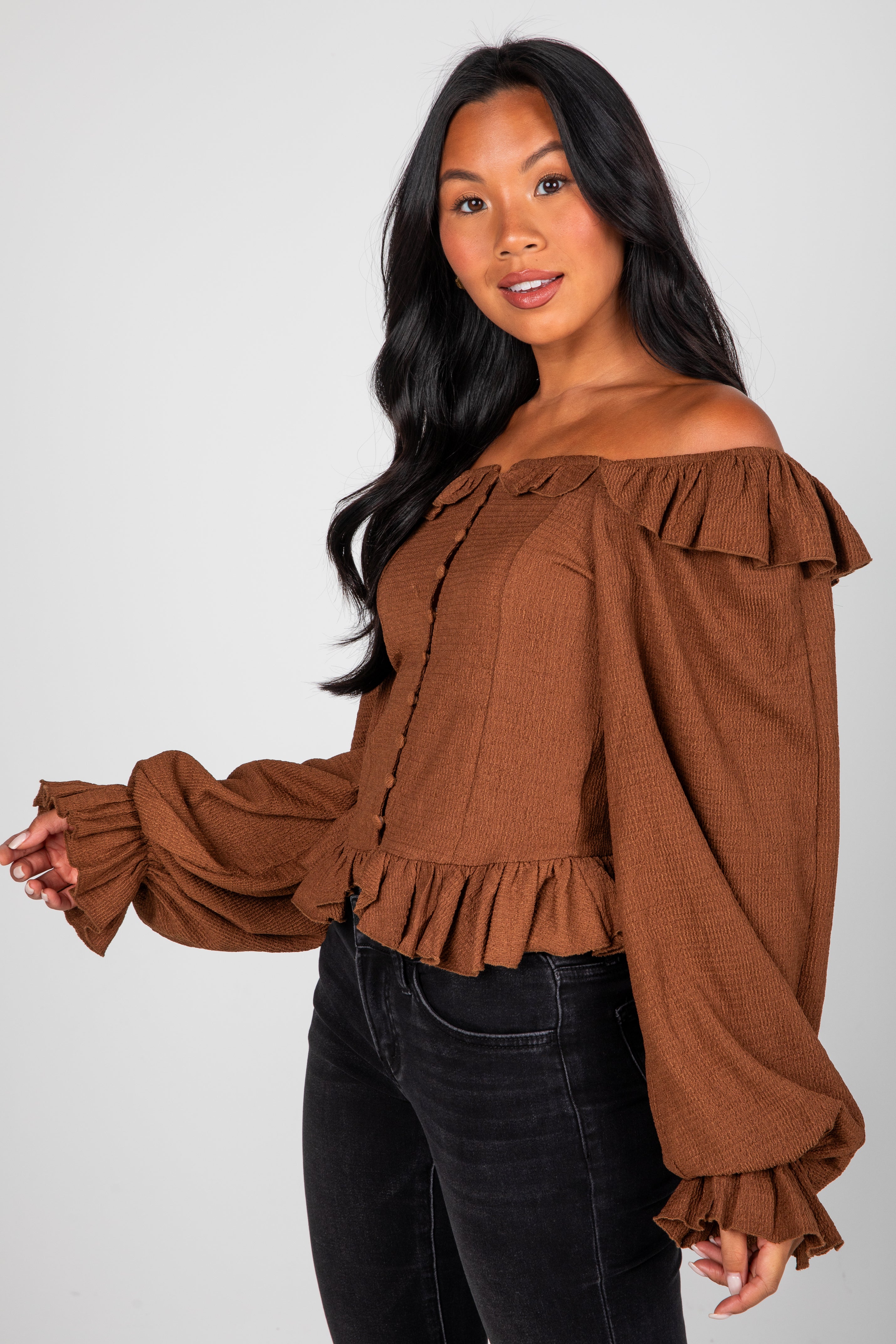 FINAL SALE - Share Your Story Brown Ruffle Blouse
