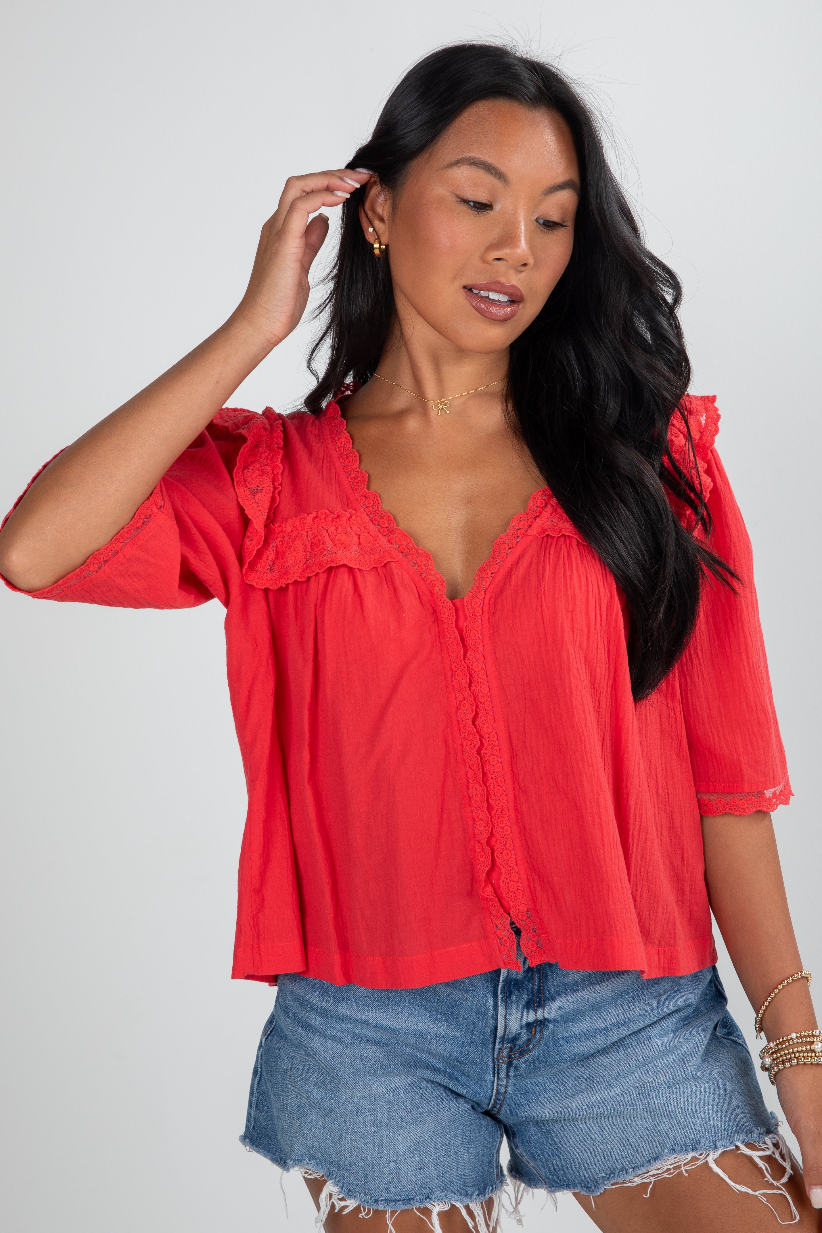 FINAL SALE - Gracefully As She Goes Red Lace Blouse