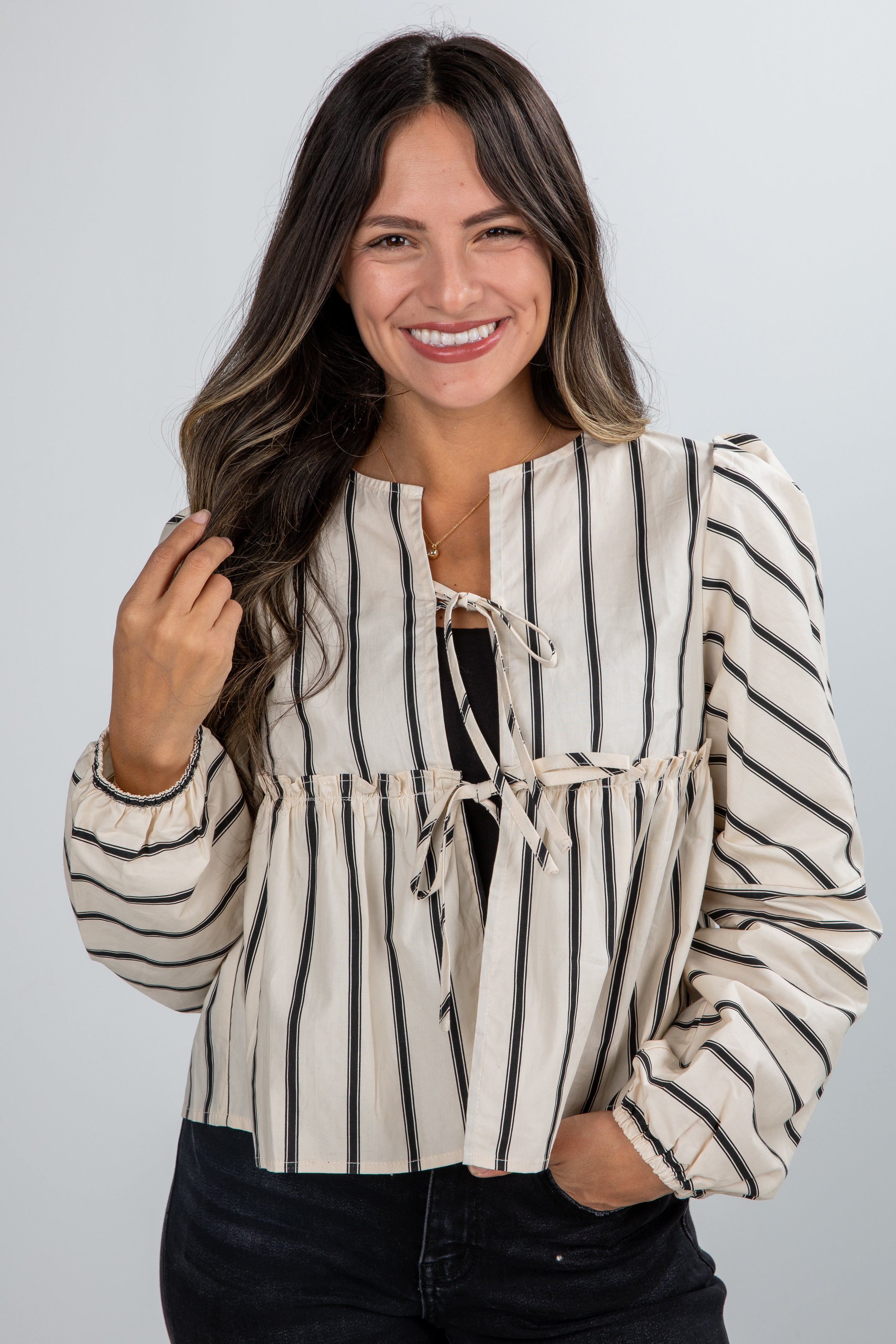 FINAL SALE - Classy Attitude Cream Striped Tie Blouse