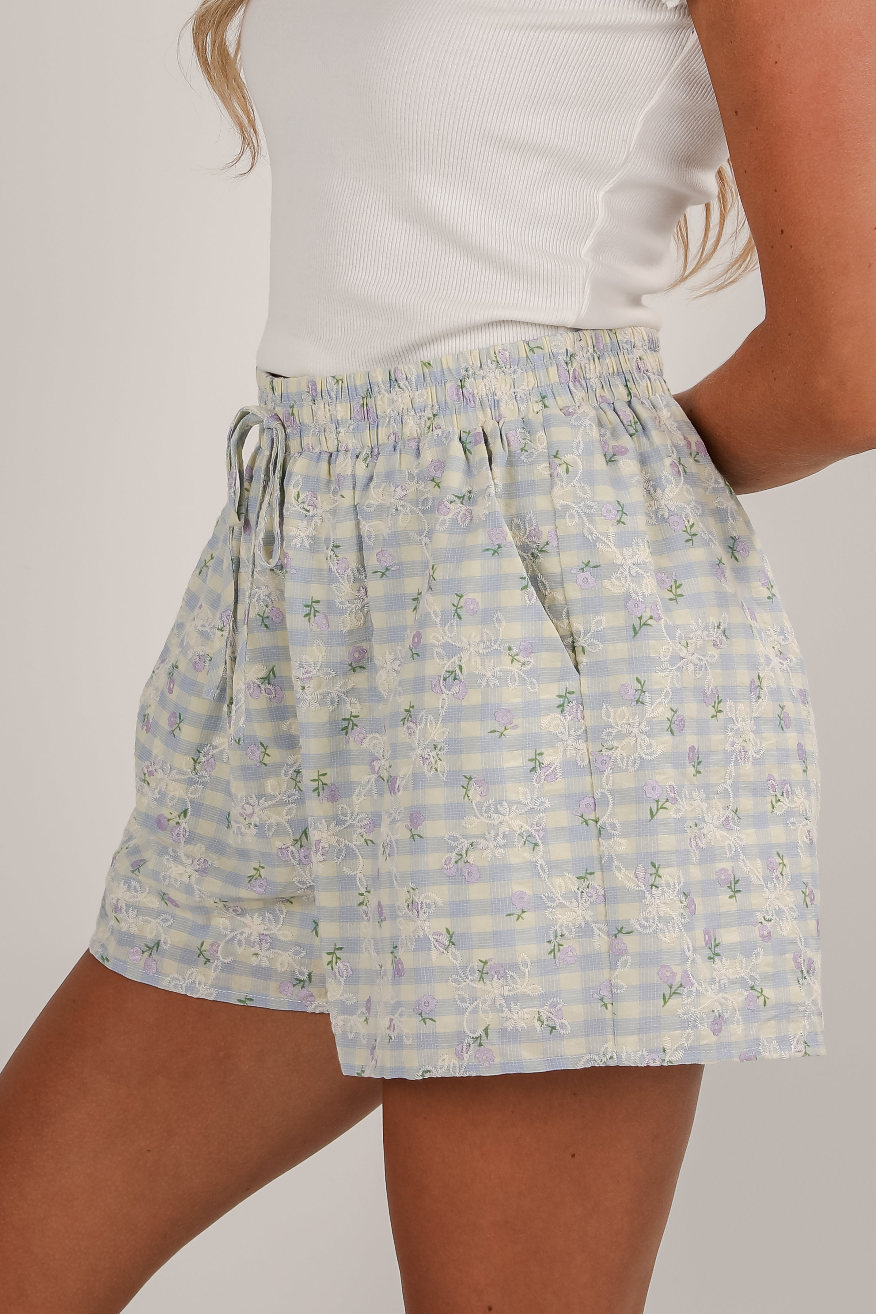 FINAL SALE - Next Thing You Know Light Blue Gingham Floral Embroidered Shorts