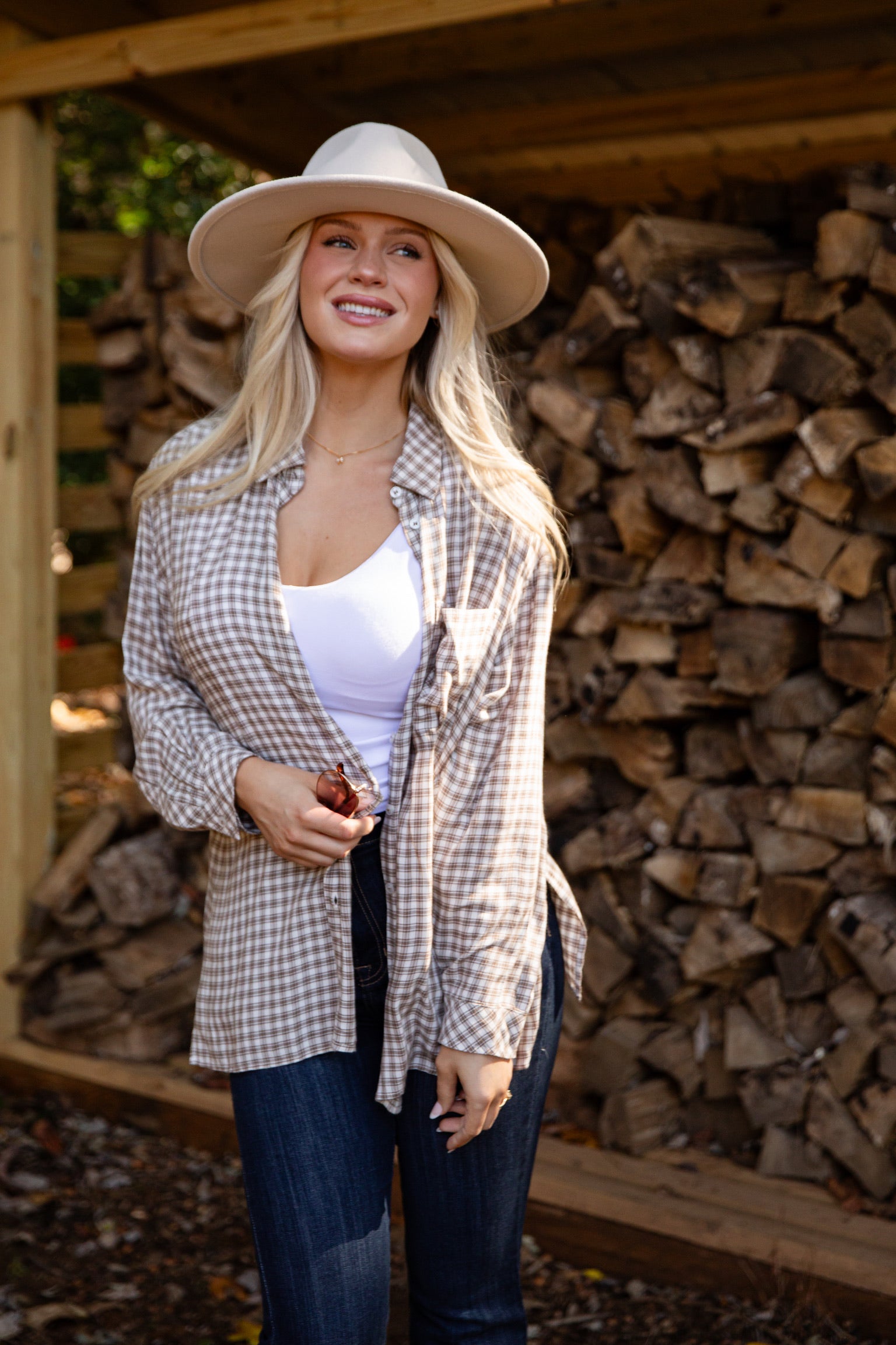 FINAL SALE - Superbly Stunning Taupe Plaid Button-Up Blouse