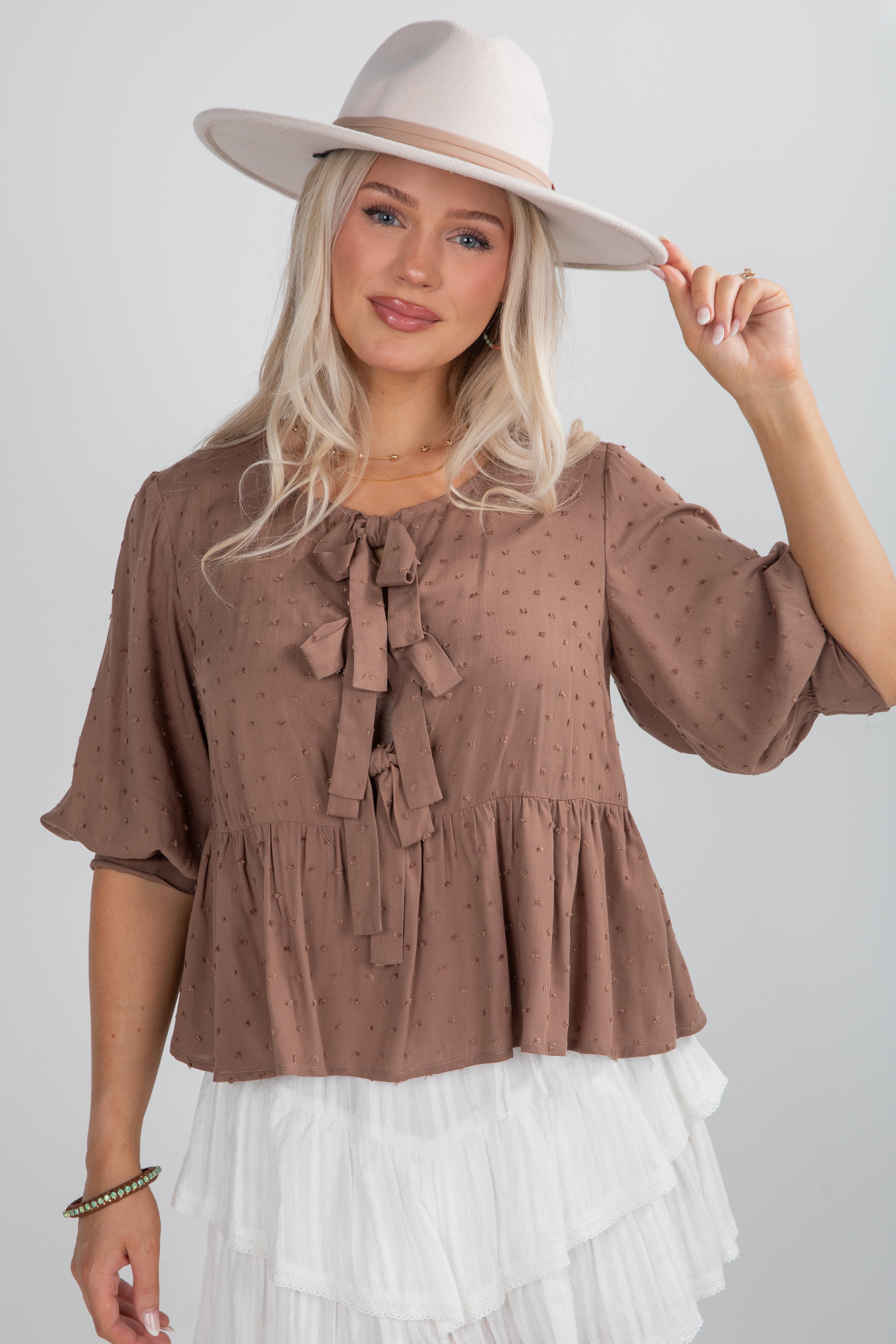 FINAL SALE - Fall For Me Mocha Tie Blouse