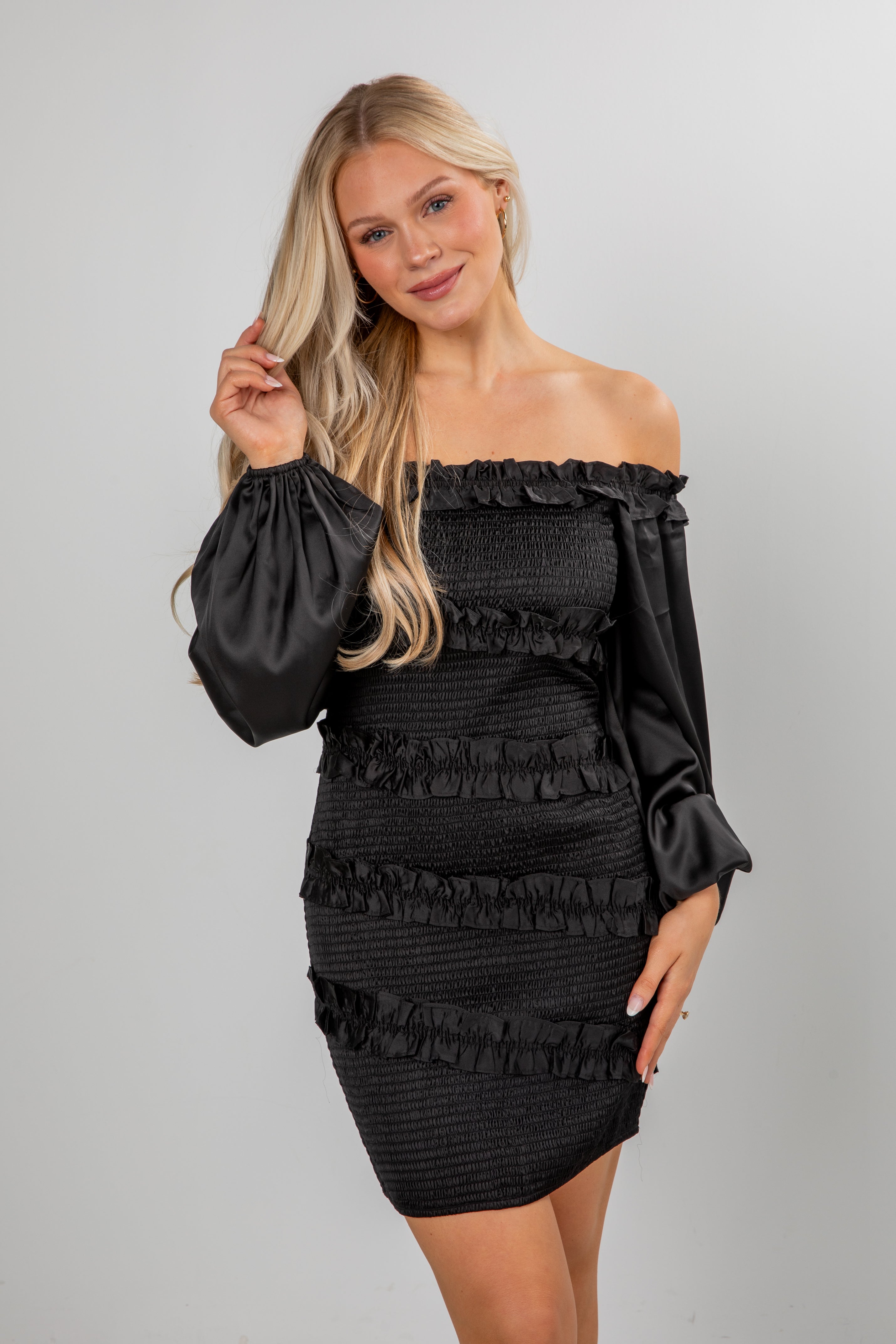 FINAL SALE - Dramatic Instincts Black Satin Smocked Ruffle Mini Dress
