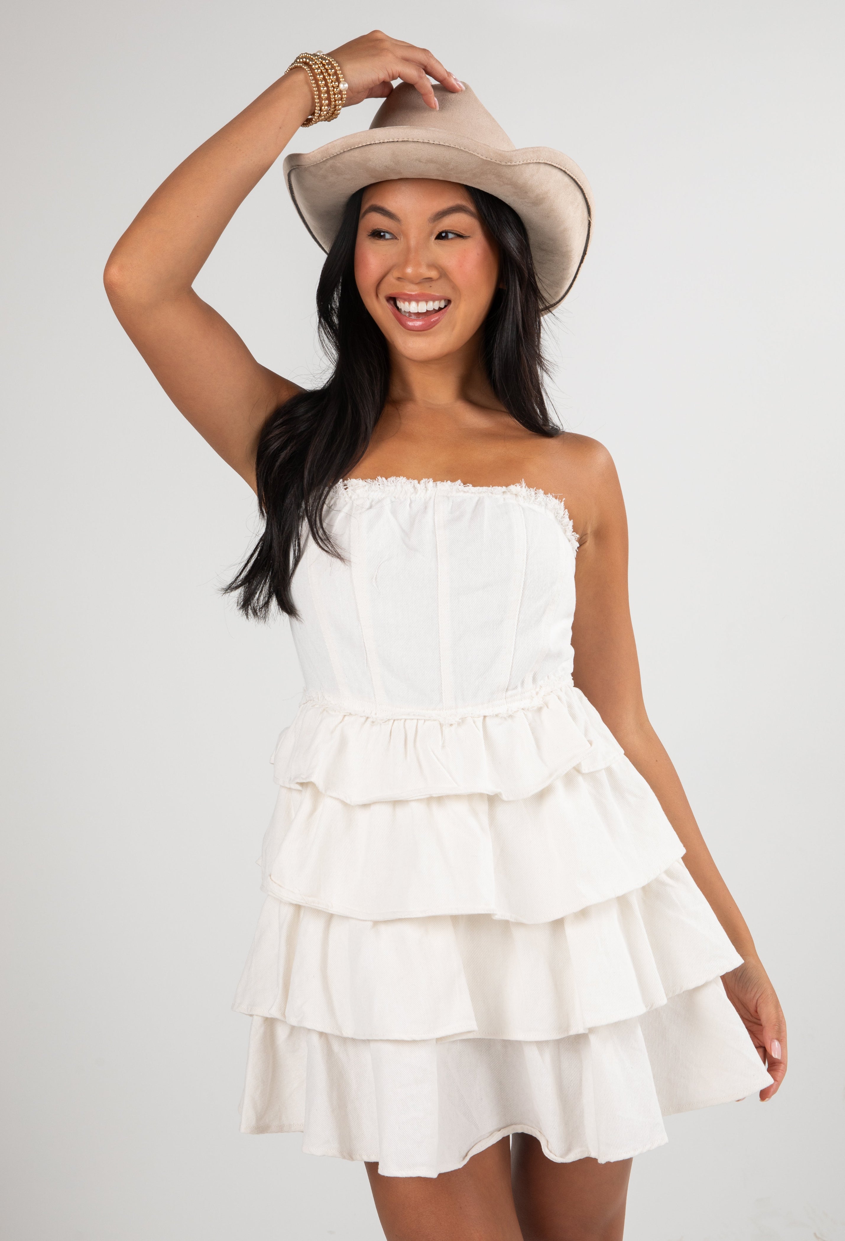 FINAL SALE - First Down Tiered Strapless Mini Dress