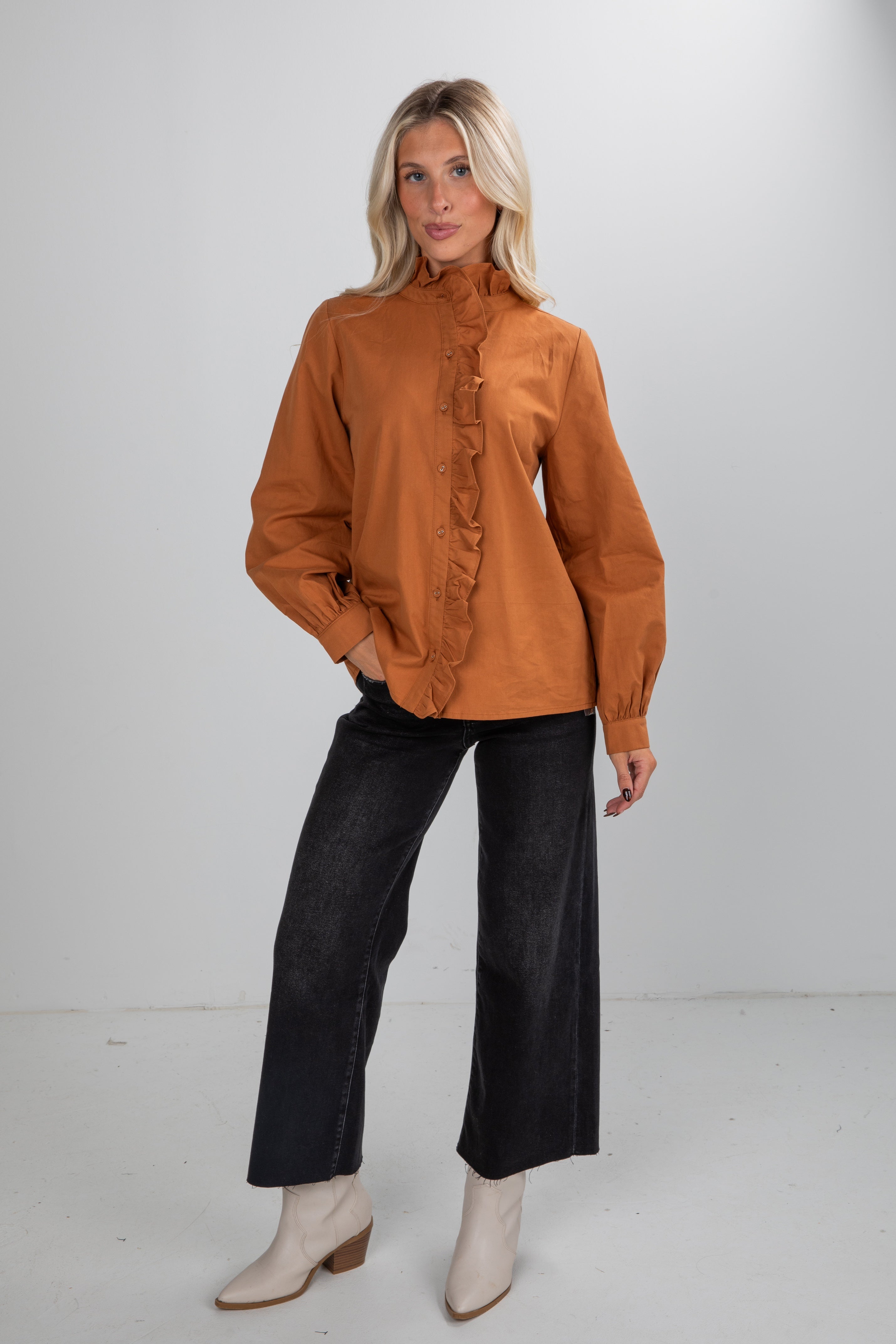 FINAL SALE - Marvelous Darling Camel Ruffle Blouse