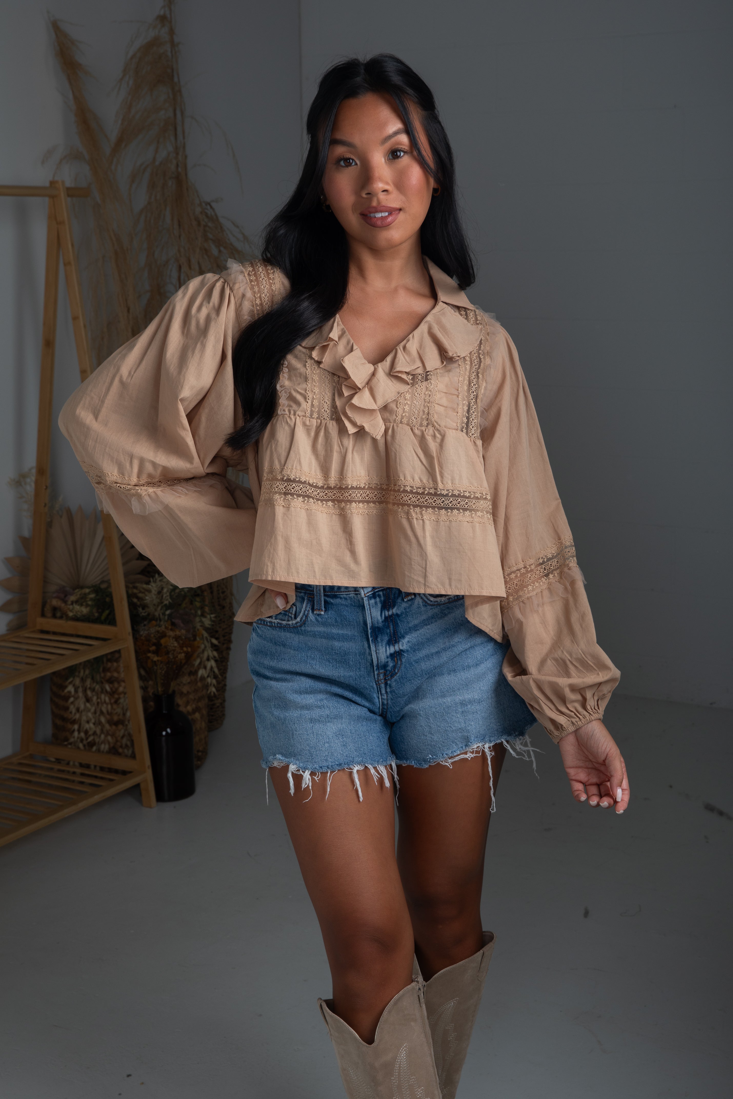 FINAL SALE - Own The Moment Taupe Lace Ruffle Blouse