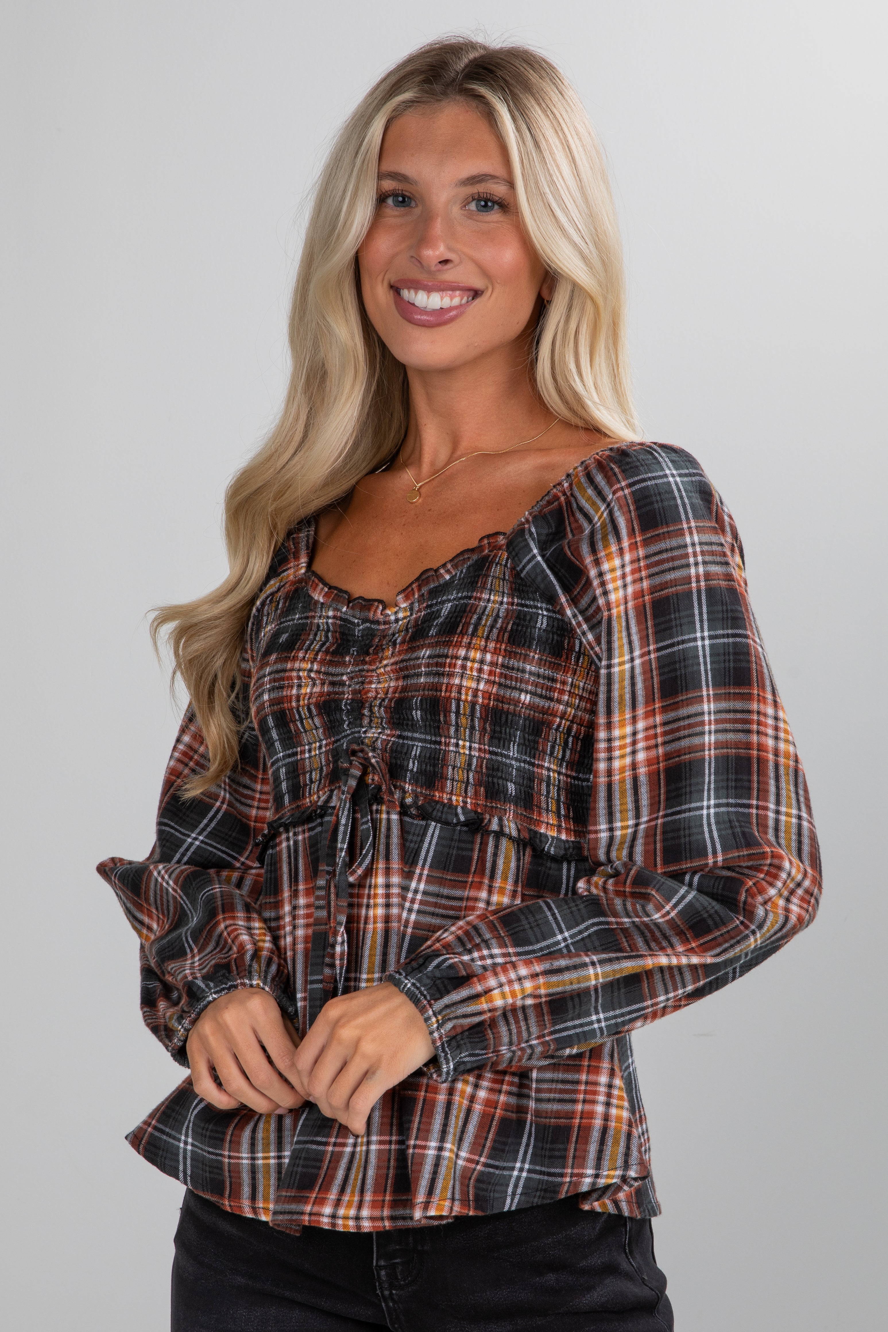 FINAL SALE - So Authentic Olive Plaid Smocked Blouse
