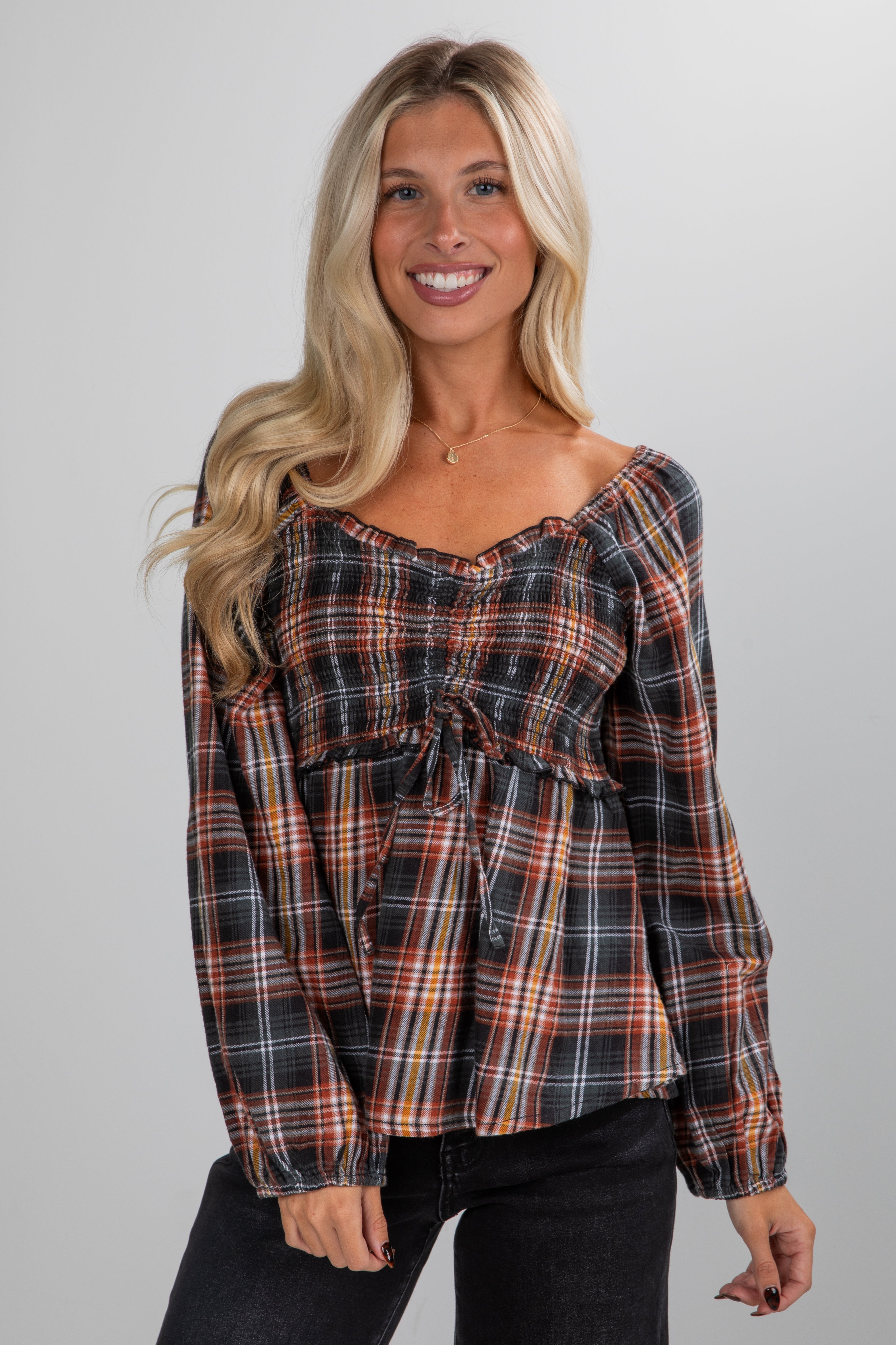 FINAL SALE - So Authentic Olive Plaid Smocked Blouse