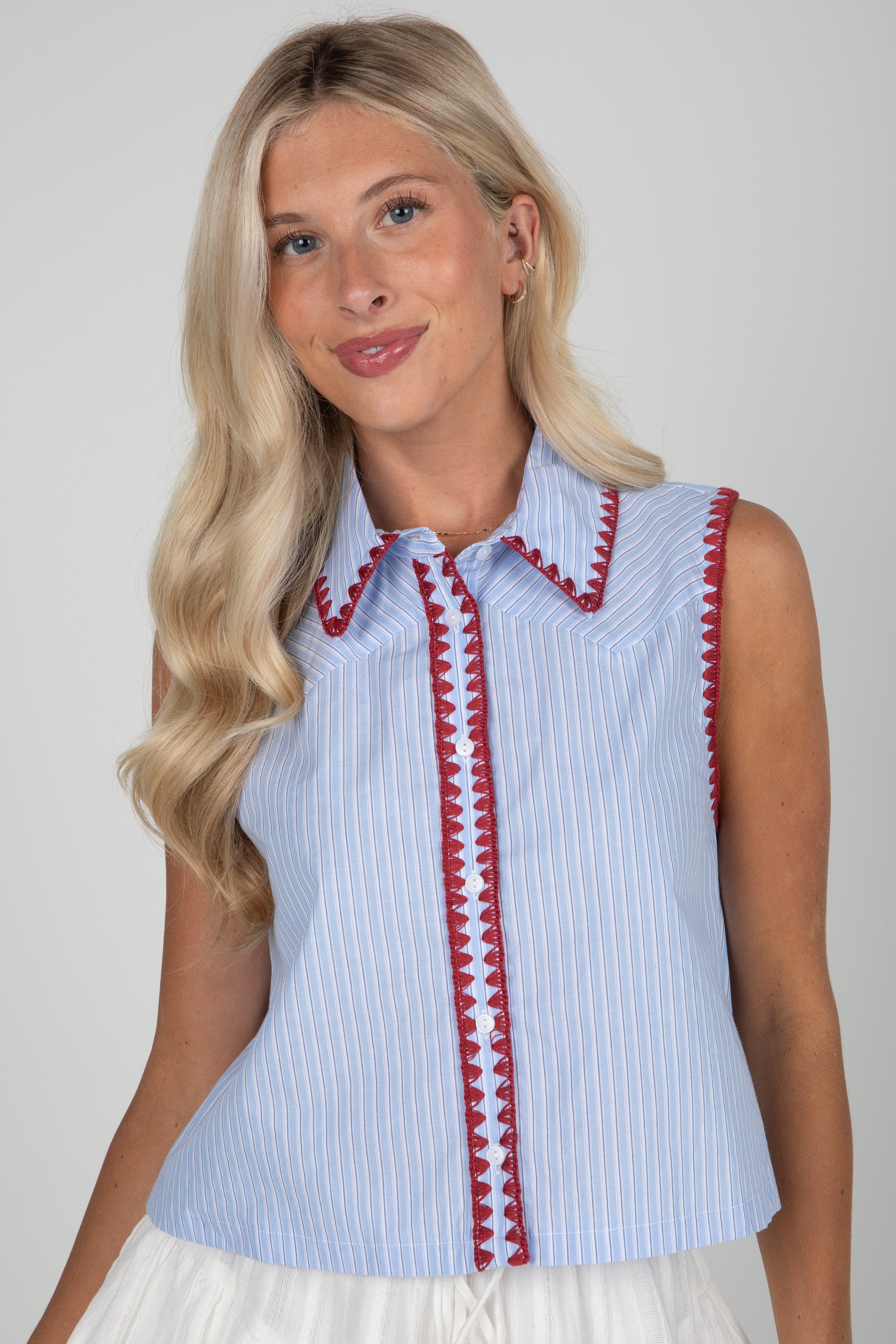 FINAL SALE - Sophisticated Company Blue Striped Collared Tank