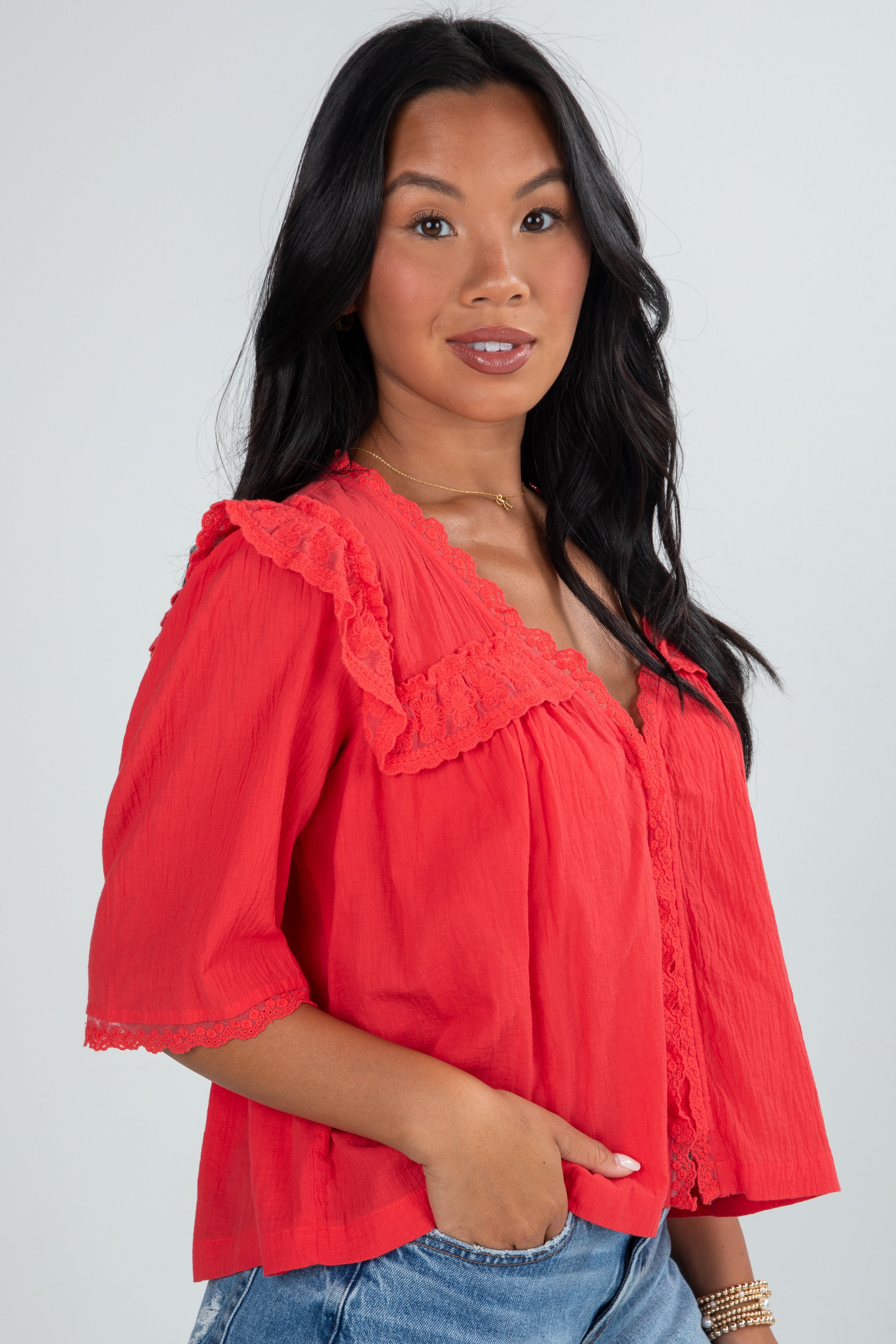 FINAL SALE - Gracefully As She Goes Red Lace Blouse