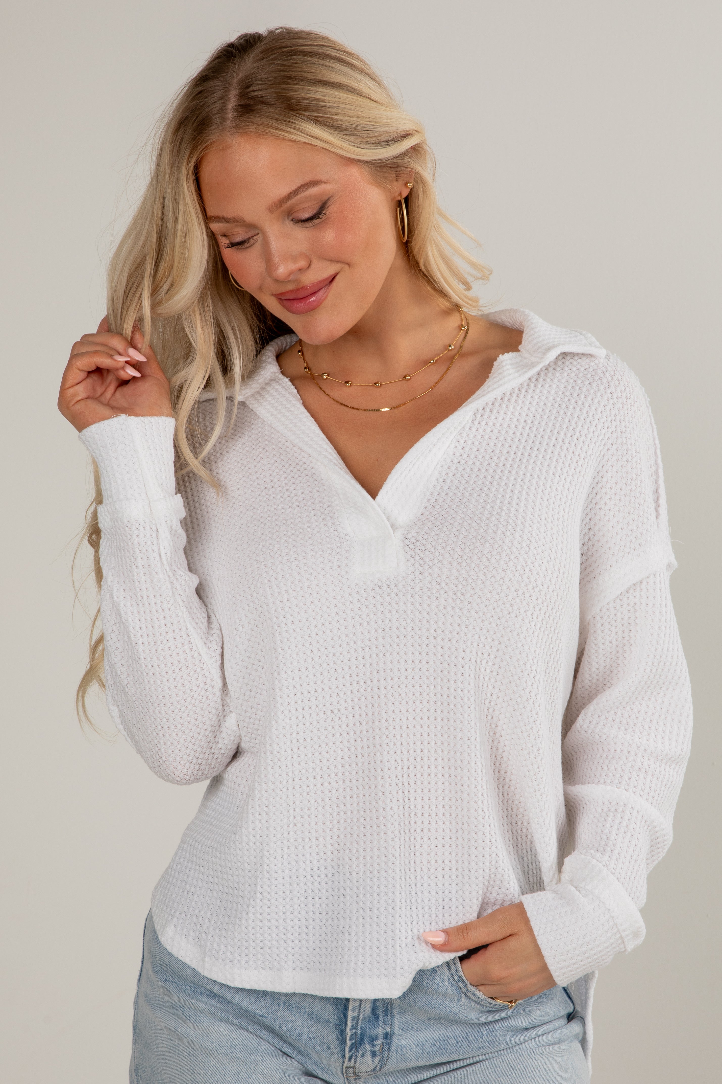 FINAL SALE - Casual Coziness Collared Waffle Knit Top