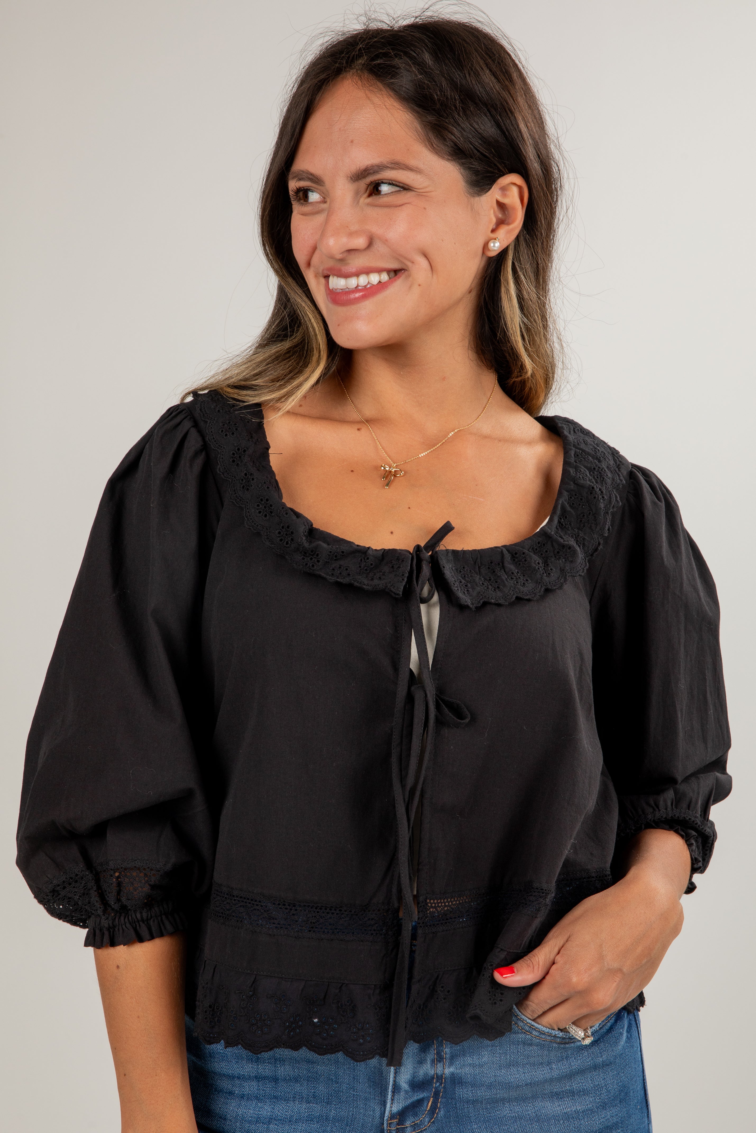 FINAL SALE - All My Dreams Black Eyelet Tie Blouse