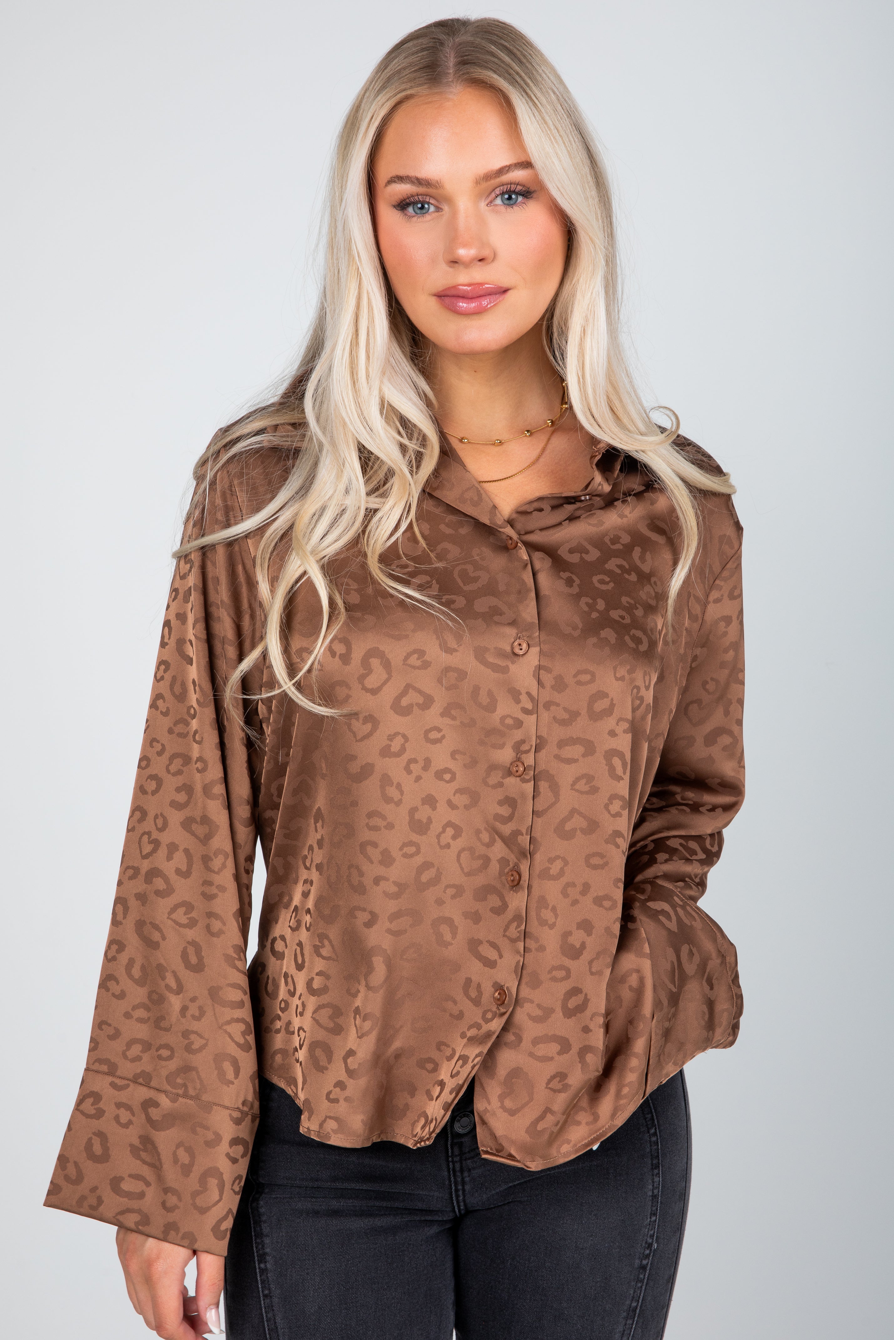 FINAL SALE - Wild And Free Brown Satin Leopard Button-Up Blouse