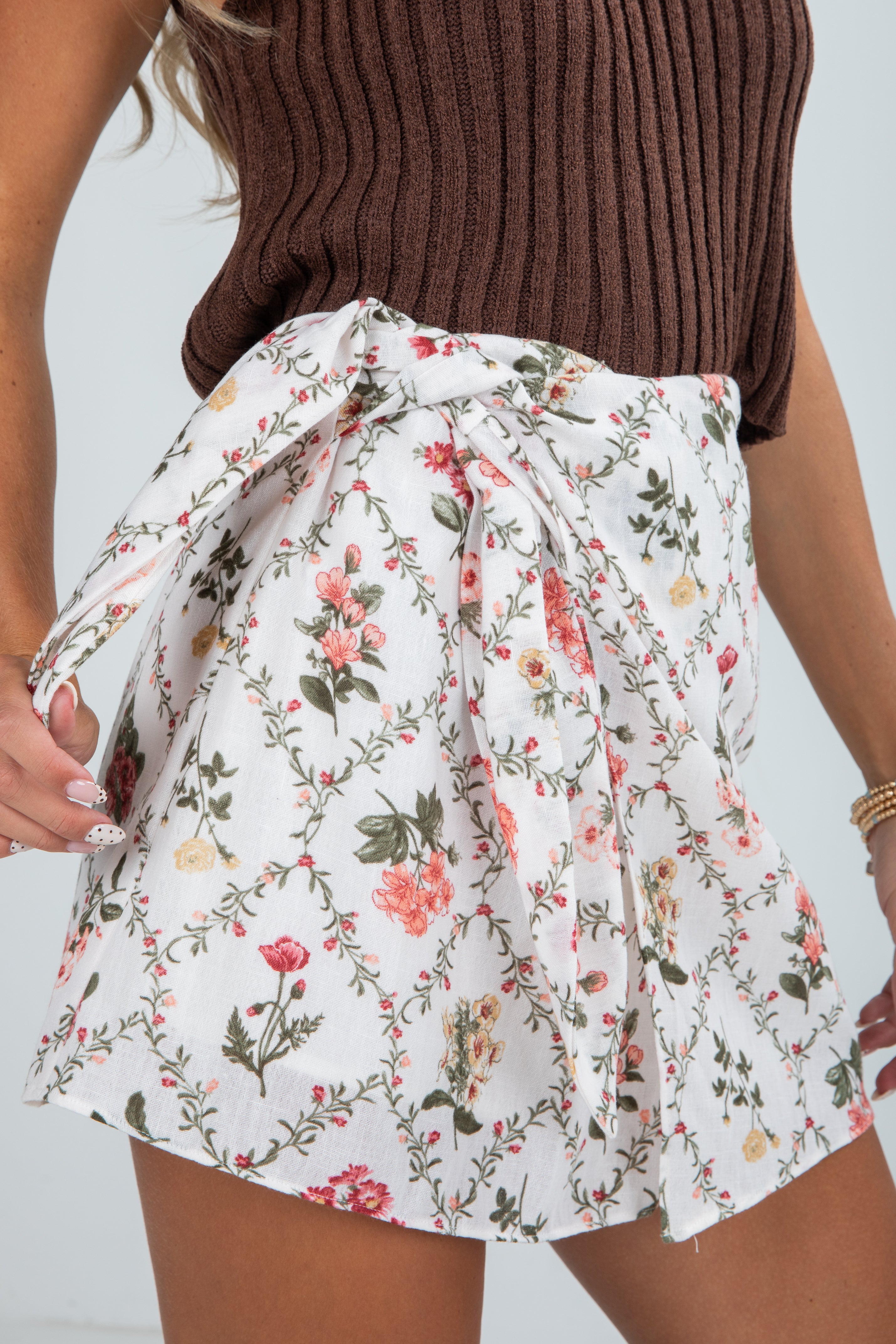 FINAL SALE - Never Too Late Natural Floral Skort