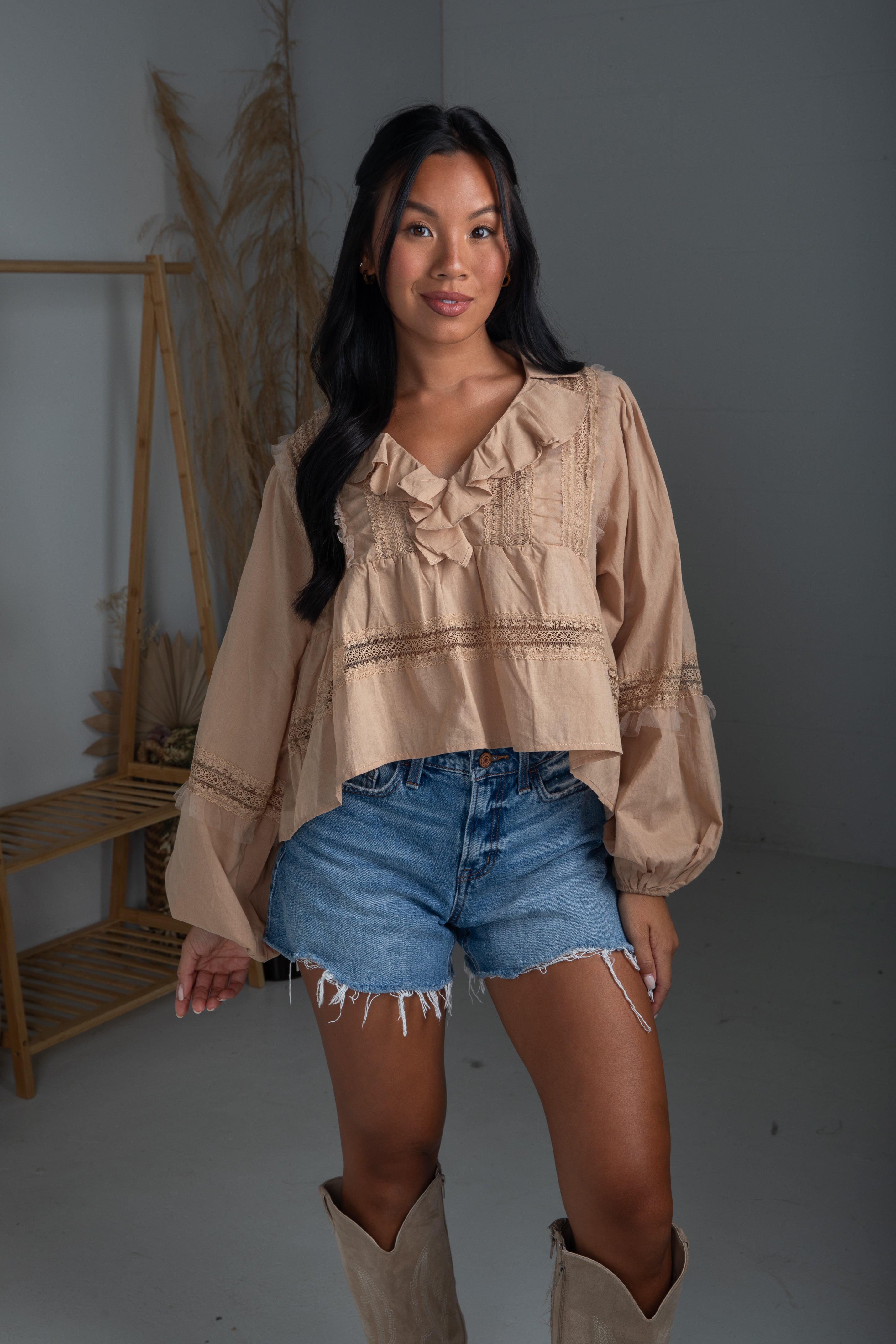 FINAL SALE - Own The Moment Taupe Lace Ruffle Blouse