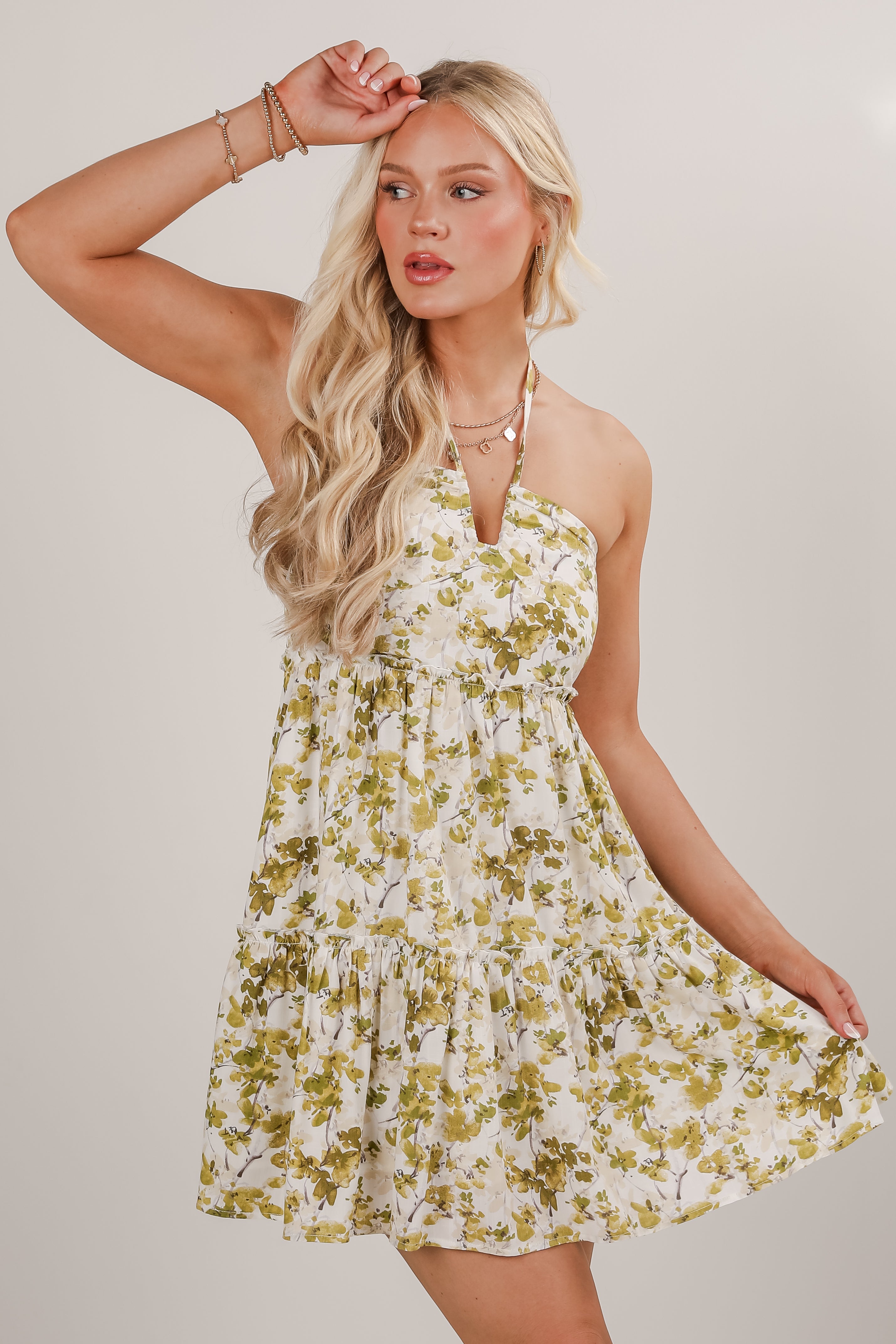 FINAL SALE - Falling In Love Light Olive Floral Halter Mini Dress