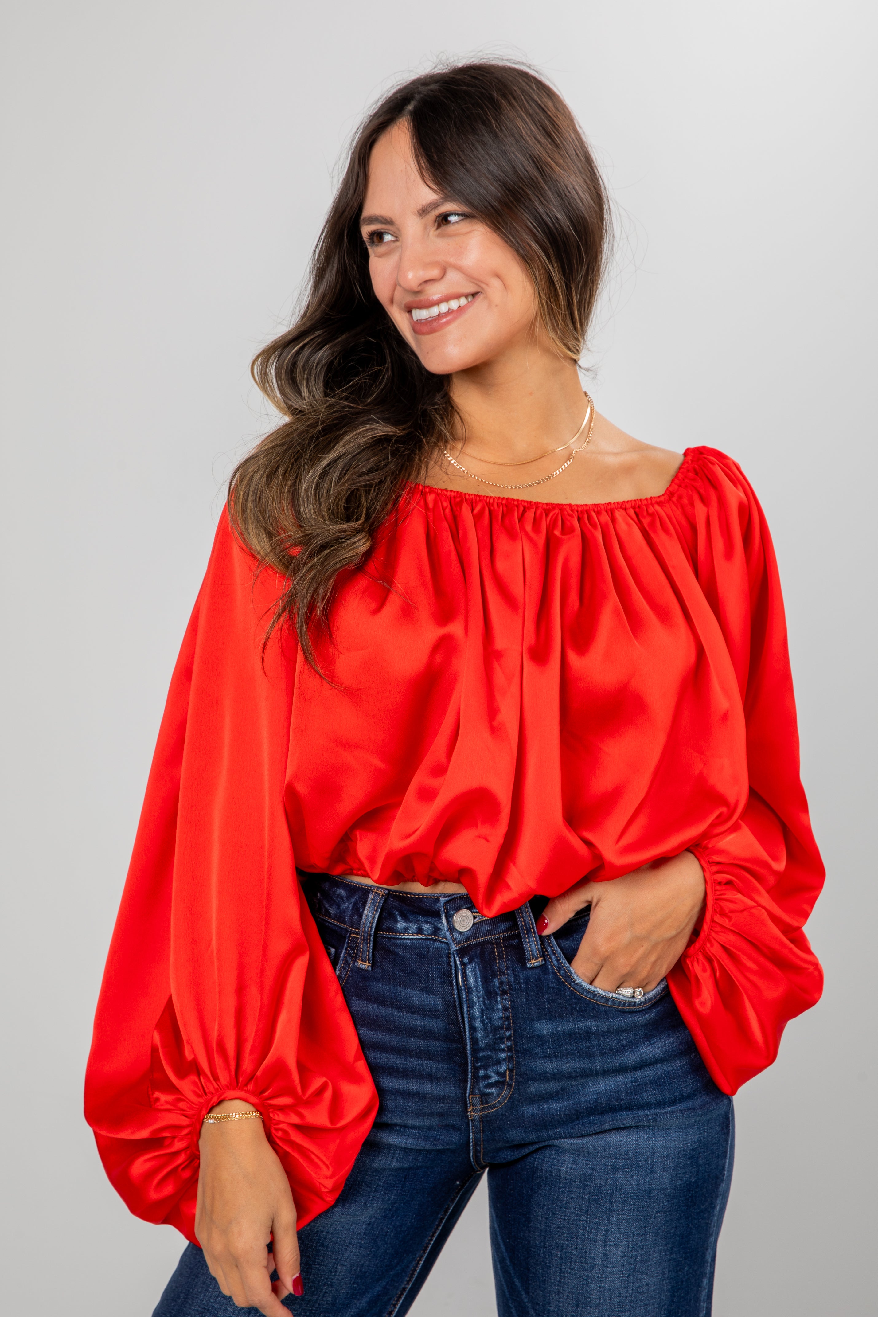 FINAL SALE - Lavish Looks Satin Off-The-Shoulder Blouse