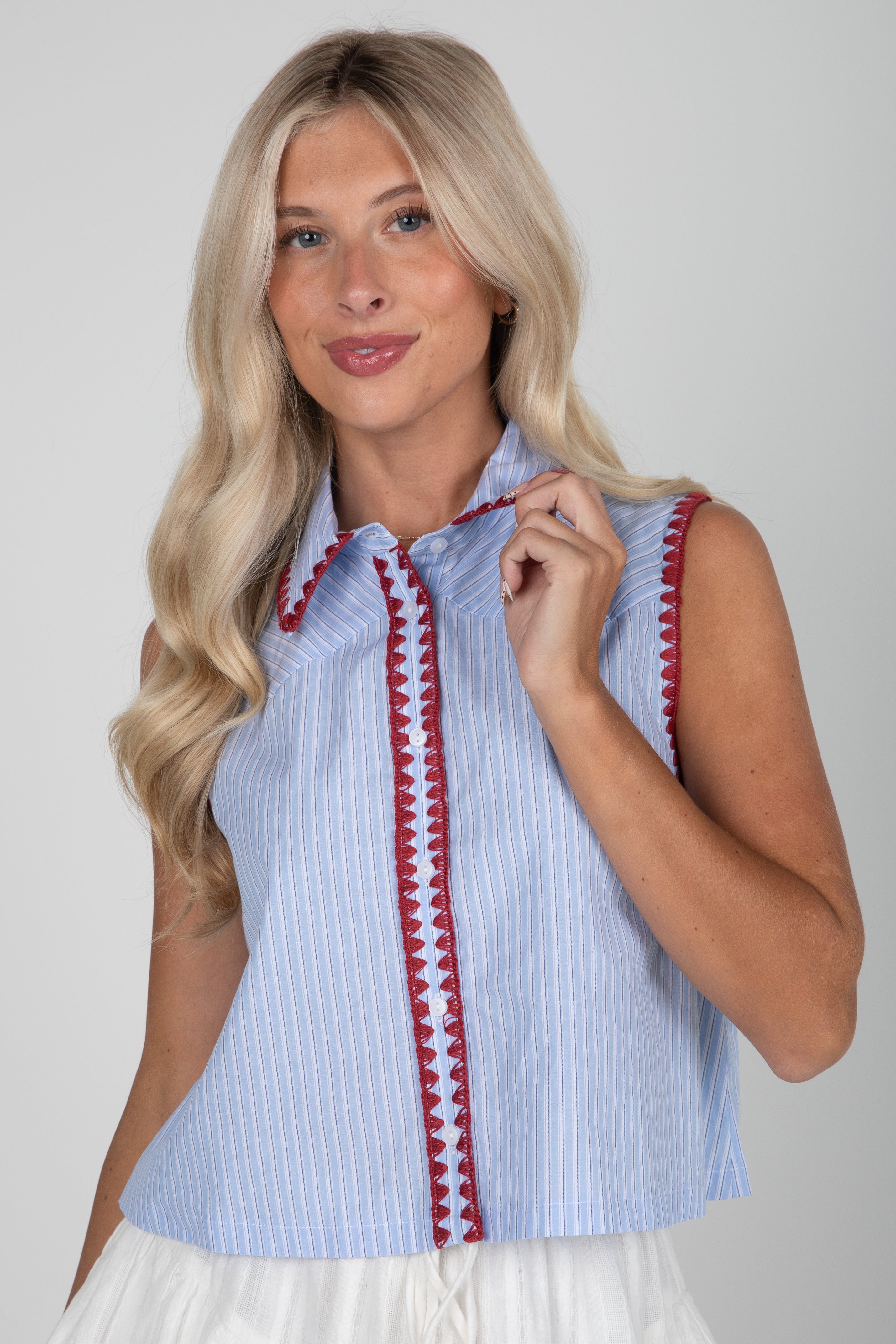 FINAL SALE - Sophisticated Company Blue Striped Collared Tank