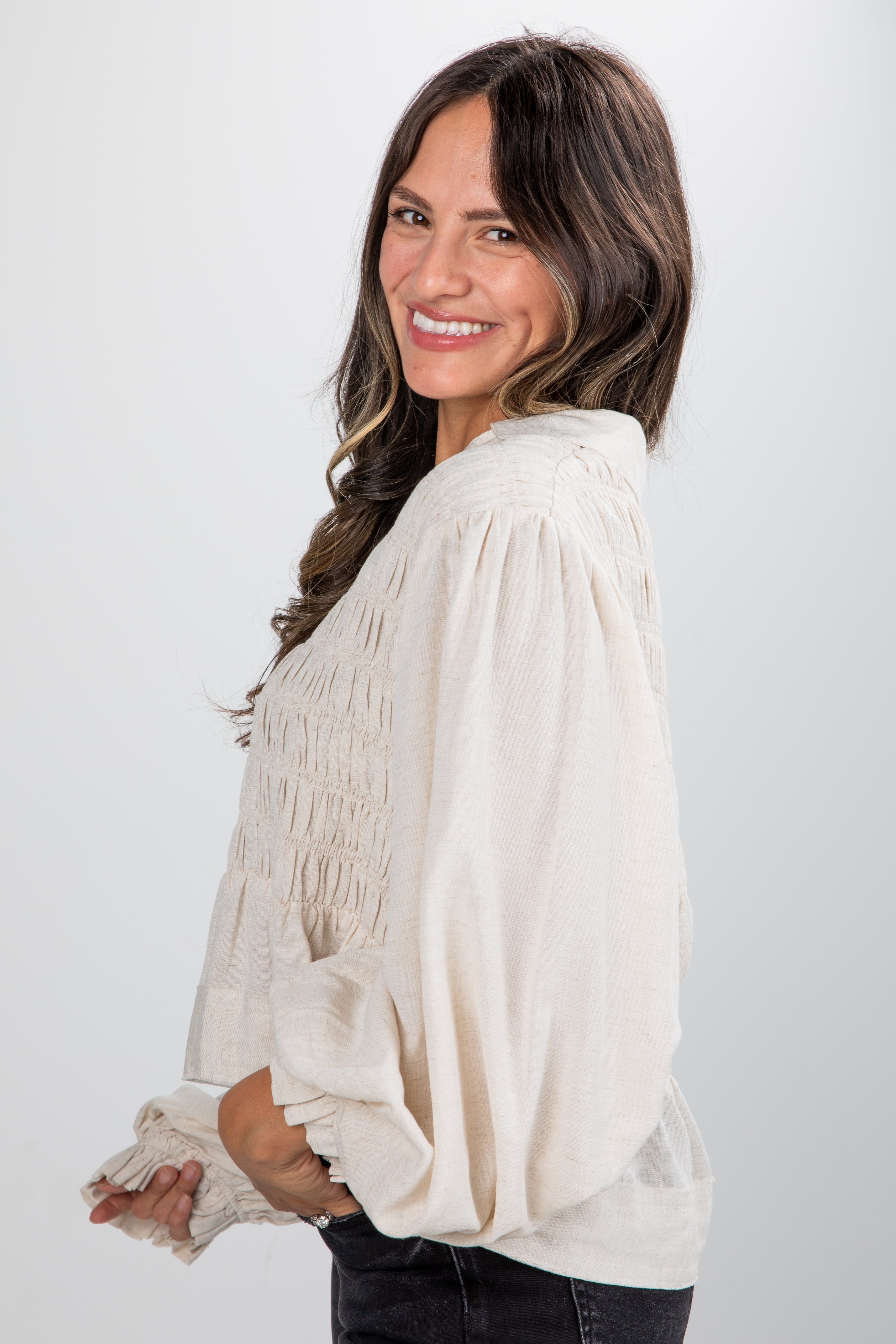 FINAL SALE - All In Time Oatmeal Smocked Blouse