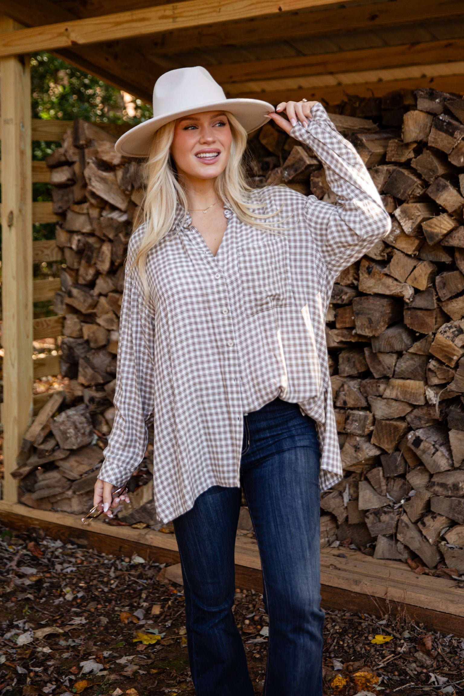 FINAL SALE - Superbly Stunning Taupe Plaid Button-Up Blouse
