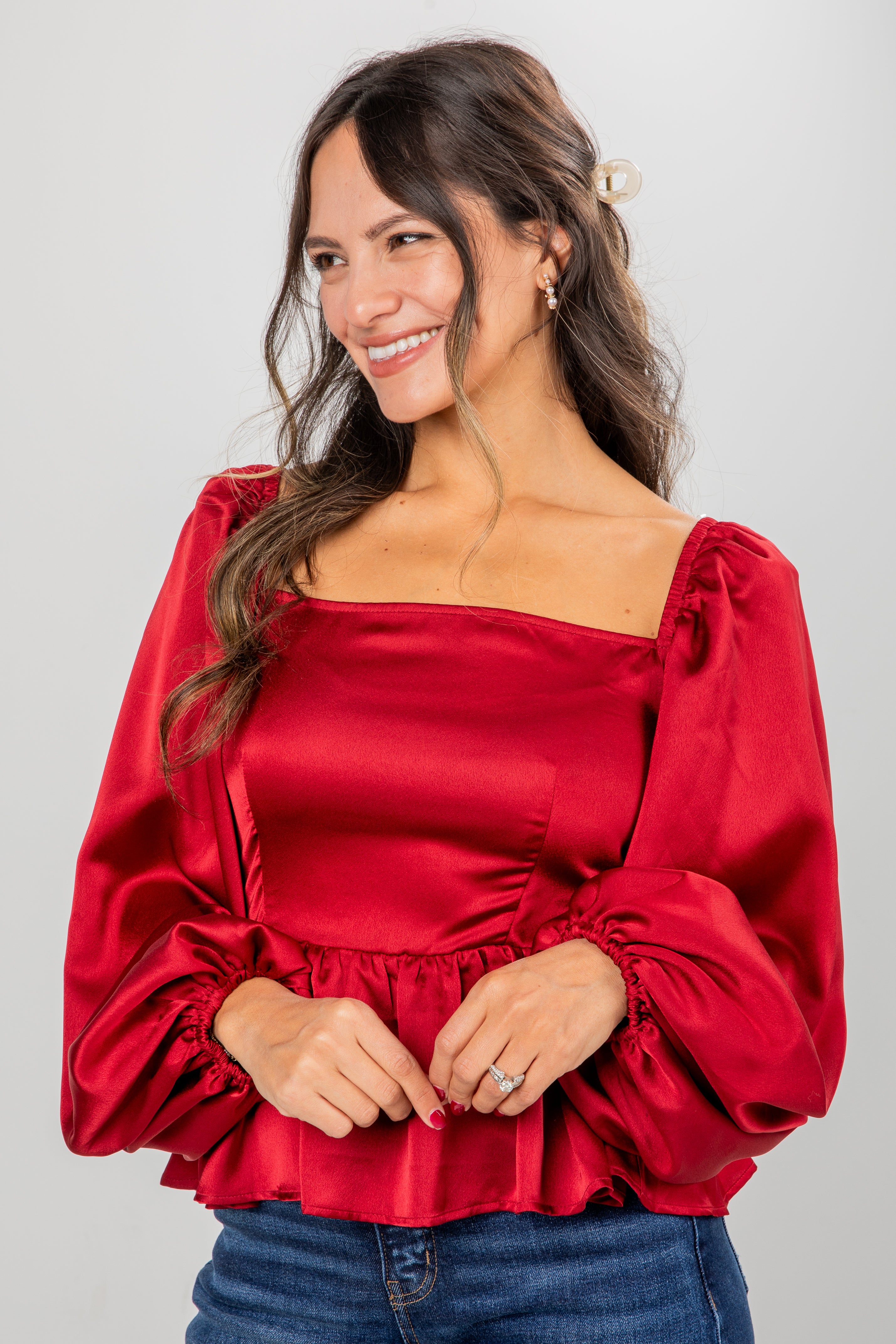 FINAL SALE - Graceful Presence Burgundy Satin Peplum Blouse