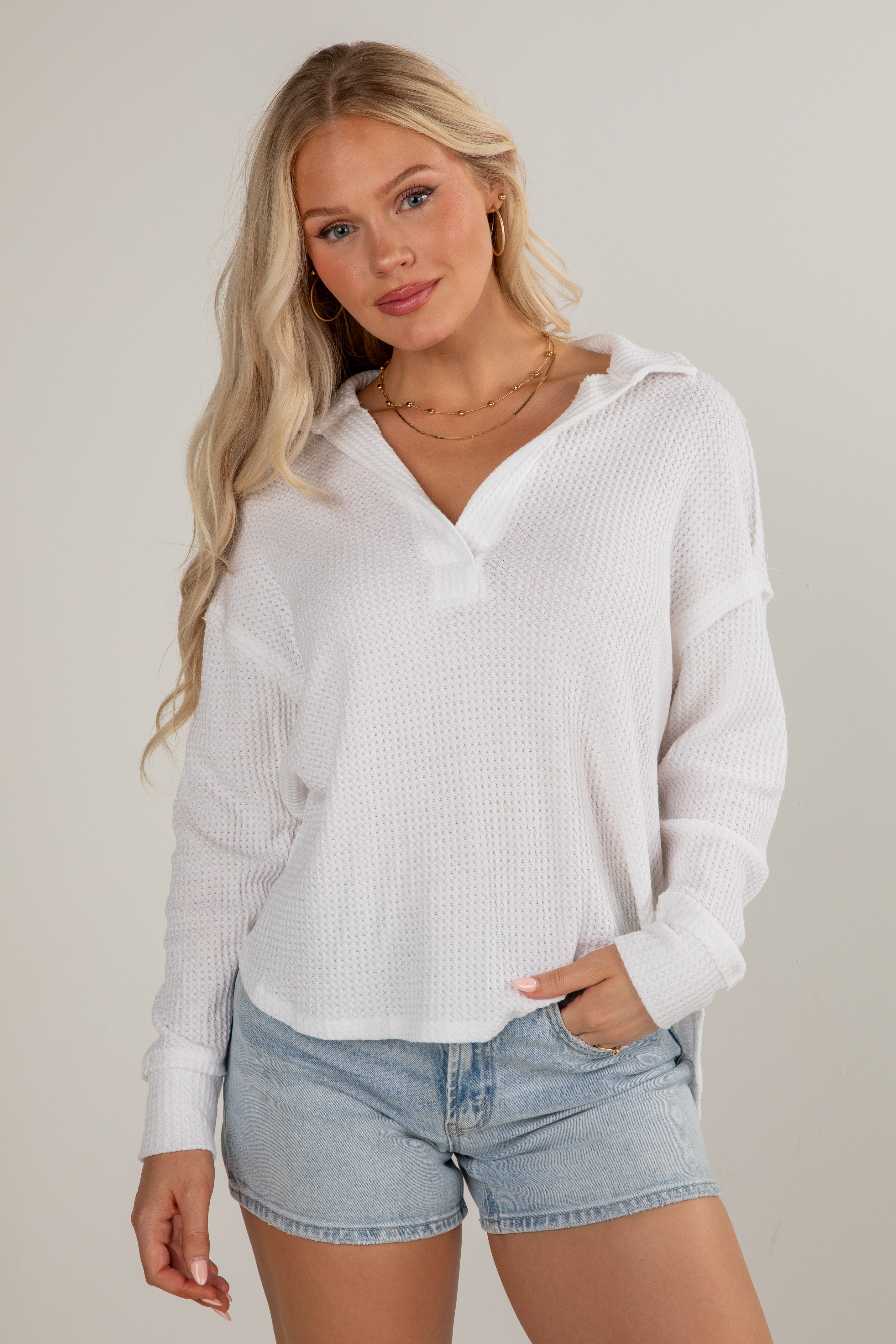 FINAL SALE - Casual Coziness Collared Waffle Knit Top