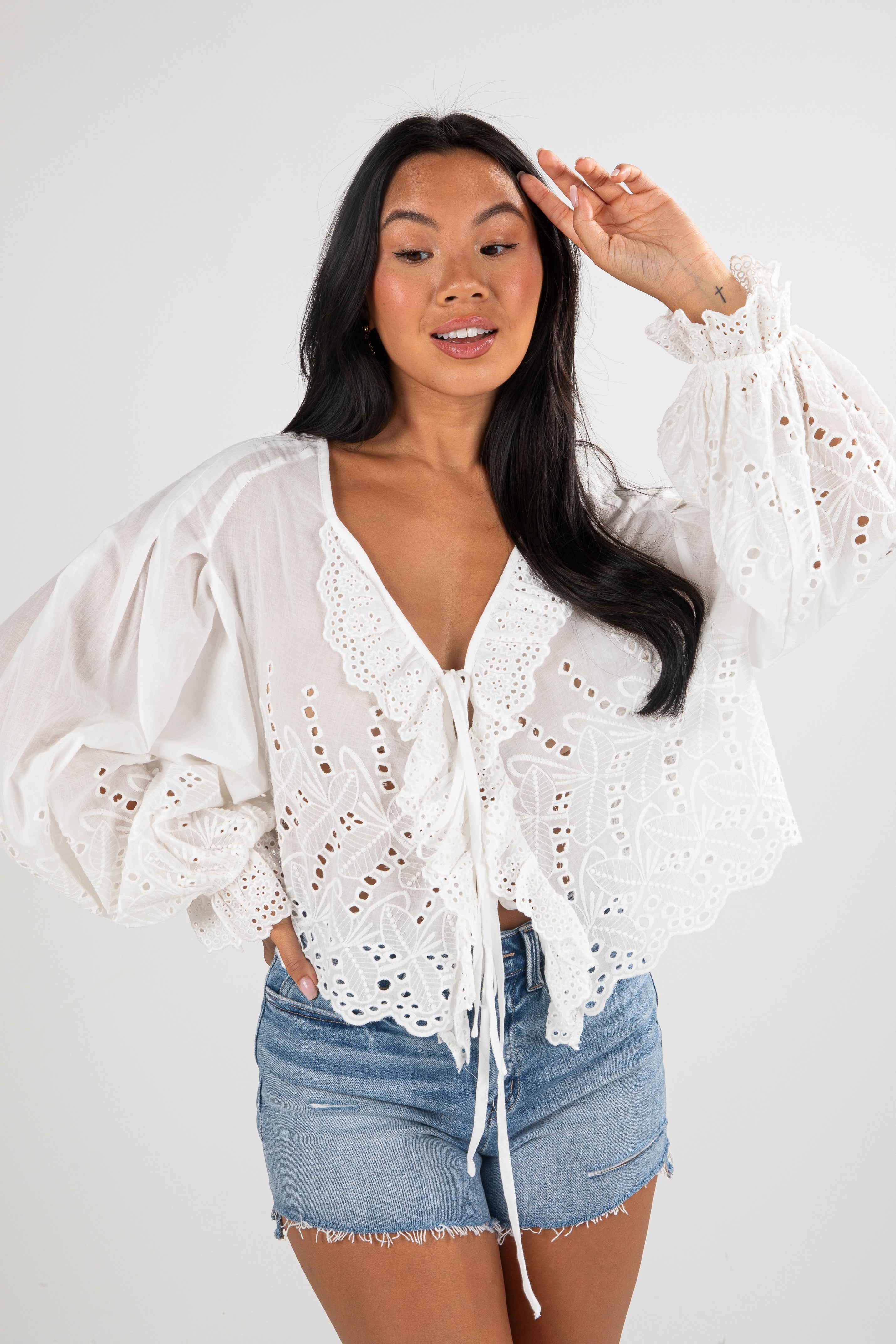 FINAL SALE - Filled With Joy White Eyelet Tie Blouse