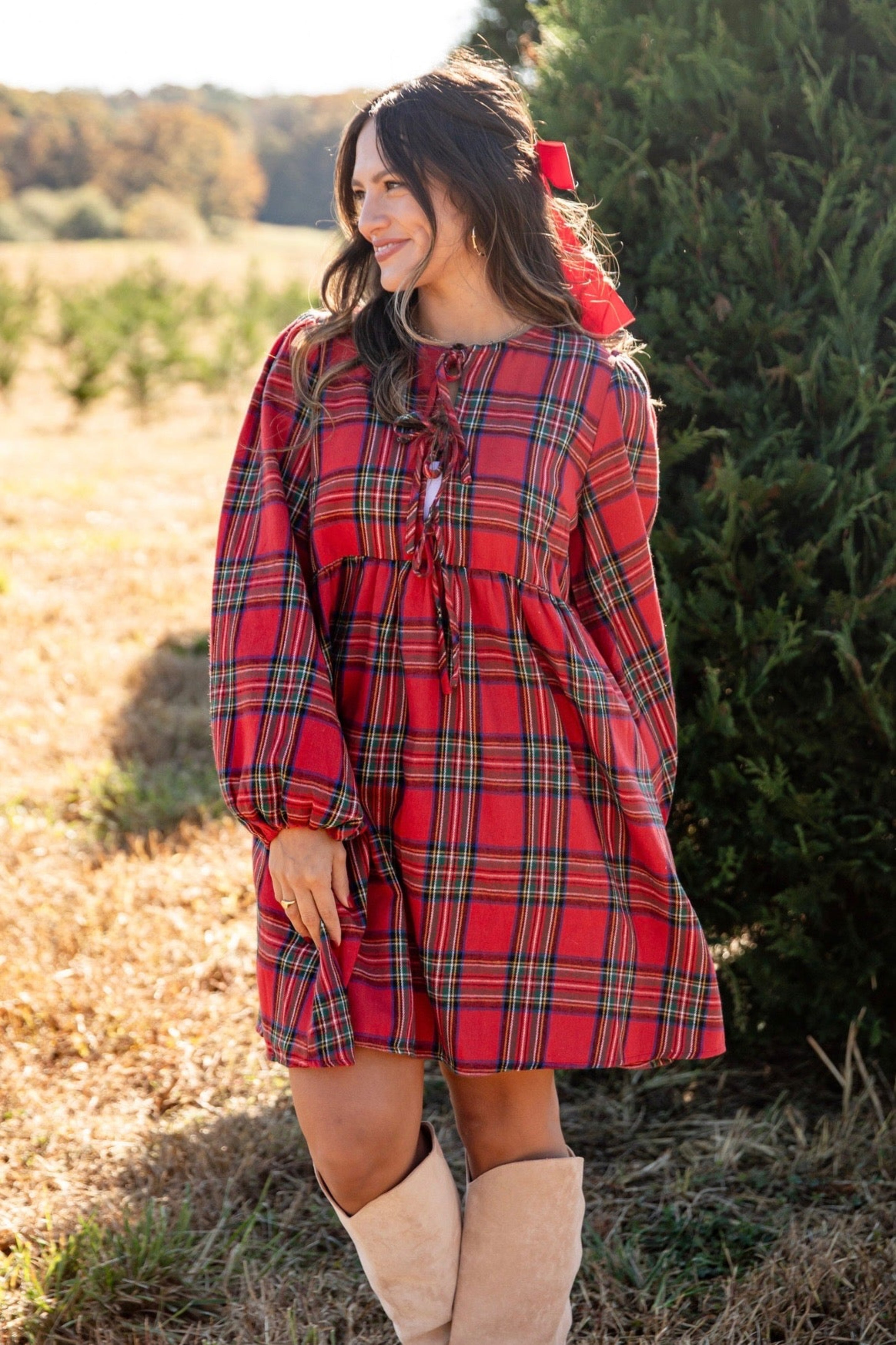 FINAL SALE - Very Merry Moments Plaid Babydoll Mini Dress