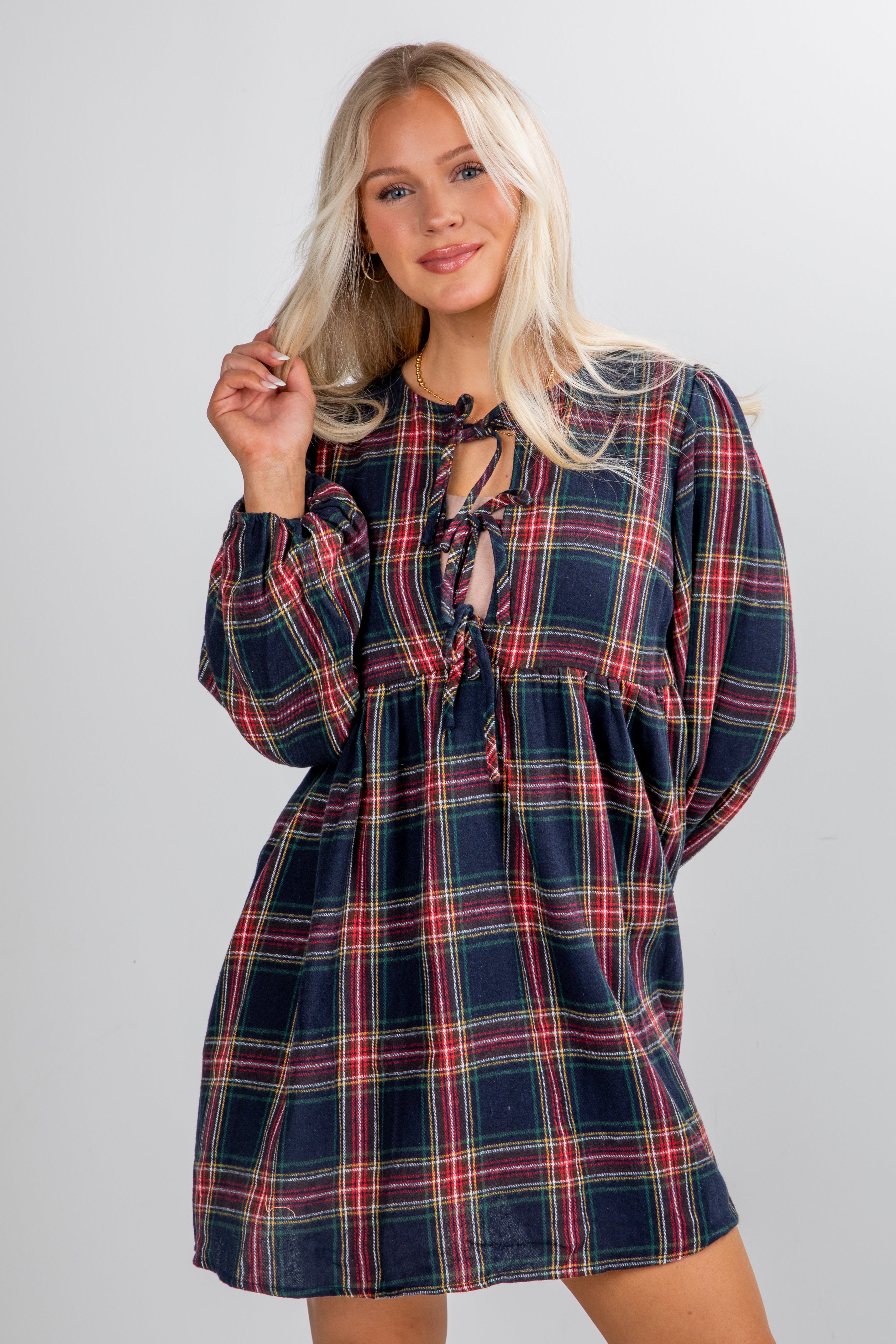FINAL SALE - Very Merry Moments Plaid Babydoll Mini Dress