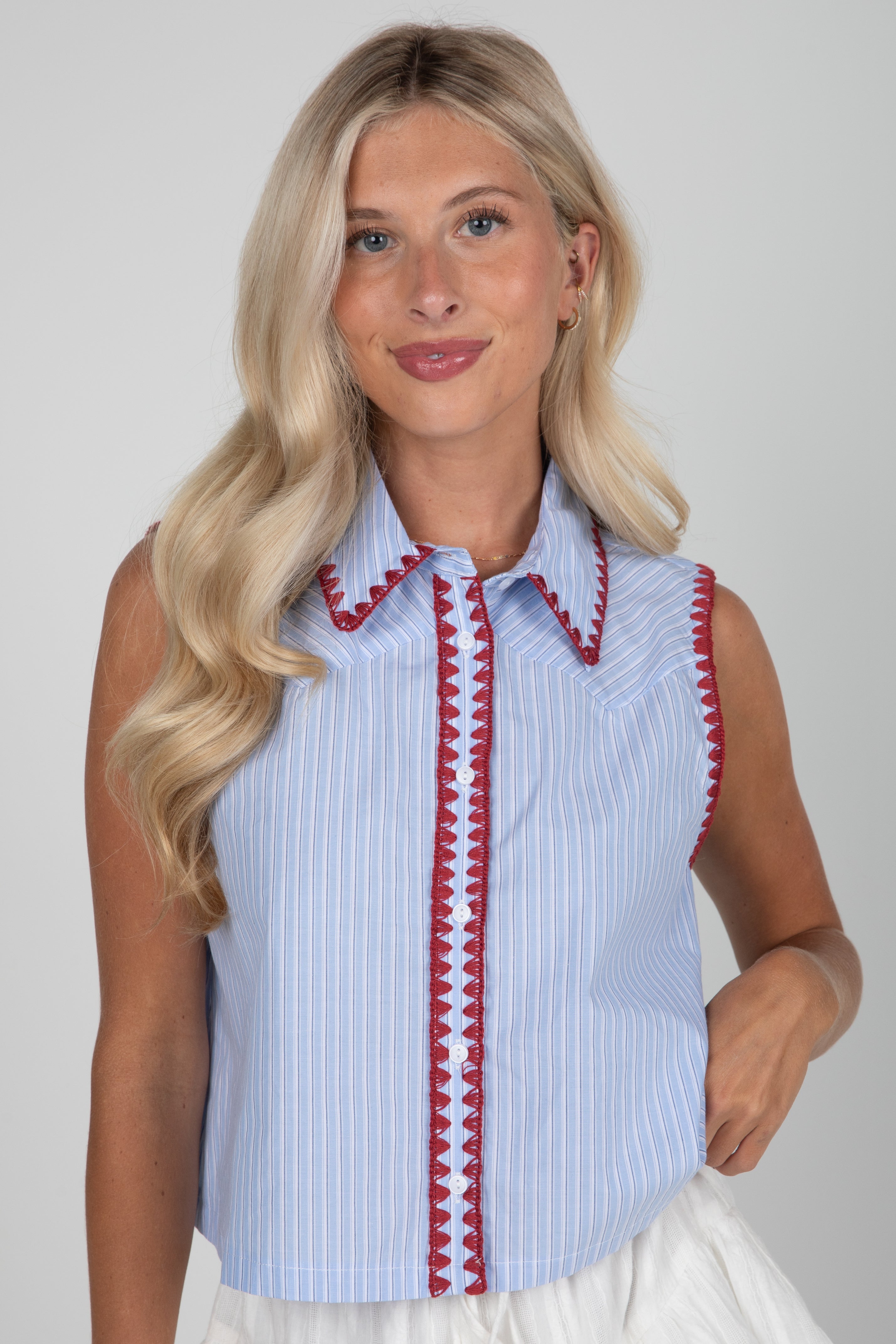 FINAL SALE - Sophisticated Company Blue Striped Collared Tank