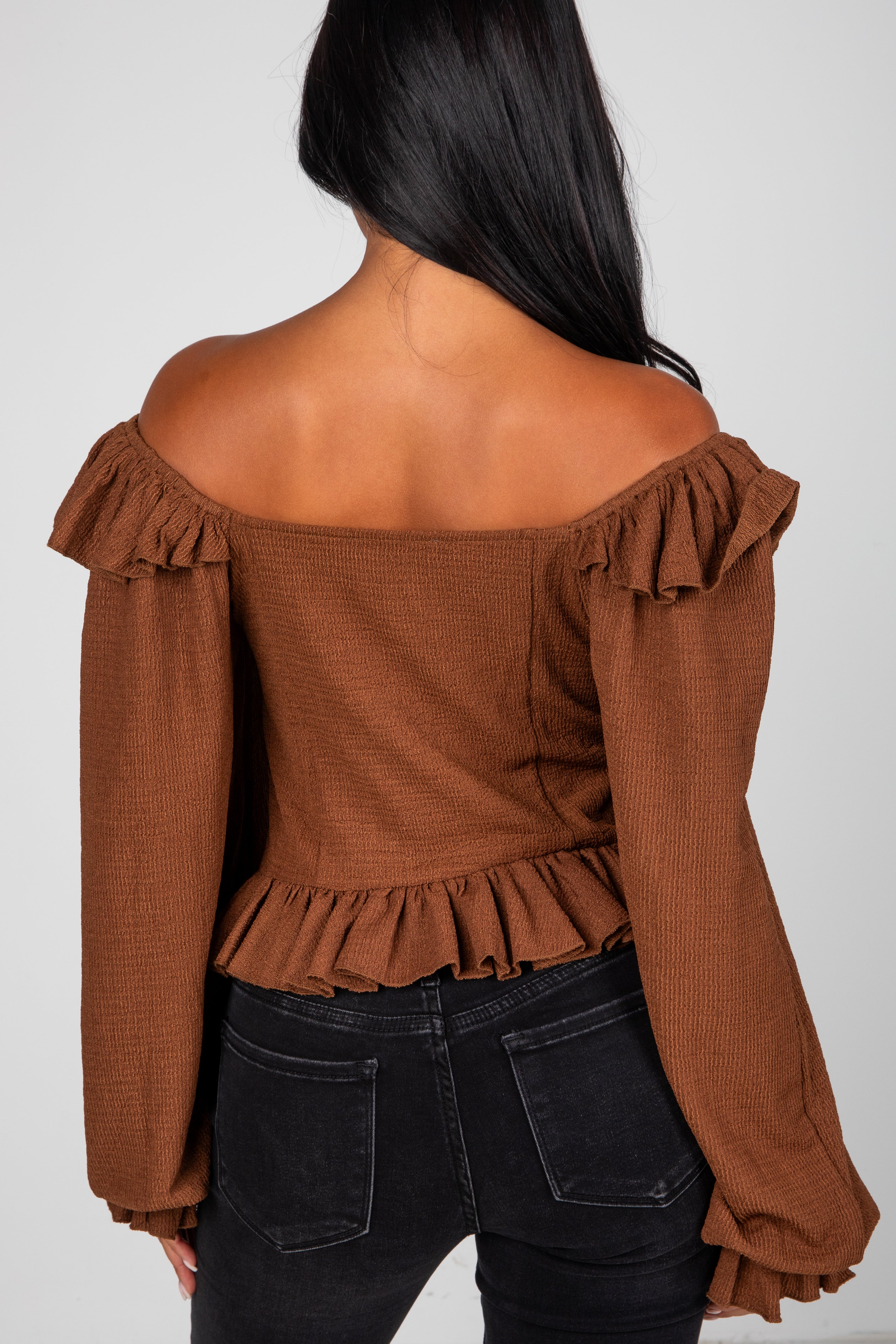 FINAL SALE - Share Your Story Brown Ruffle Blouse