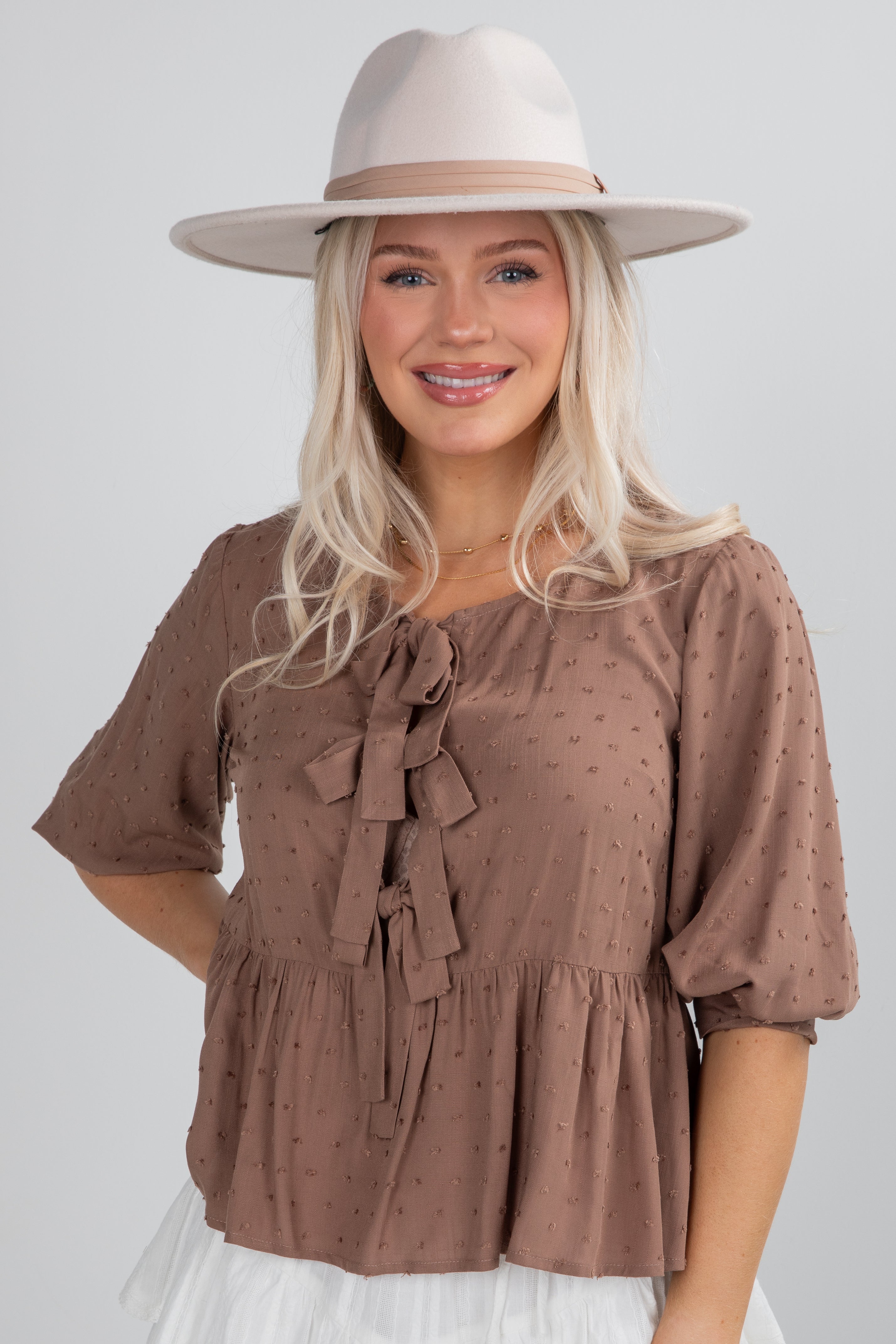 FINAL SALE - Fall For Me Mocha Tie Blouse