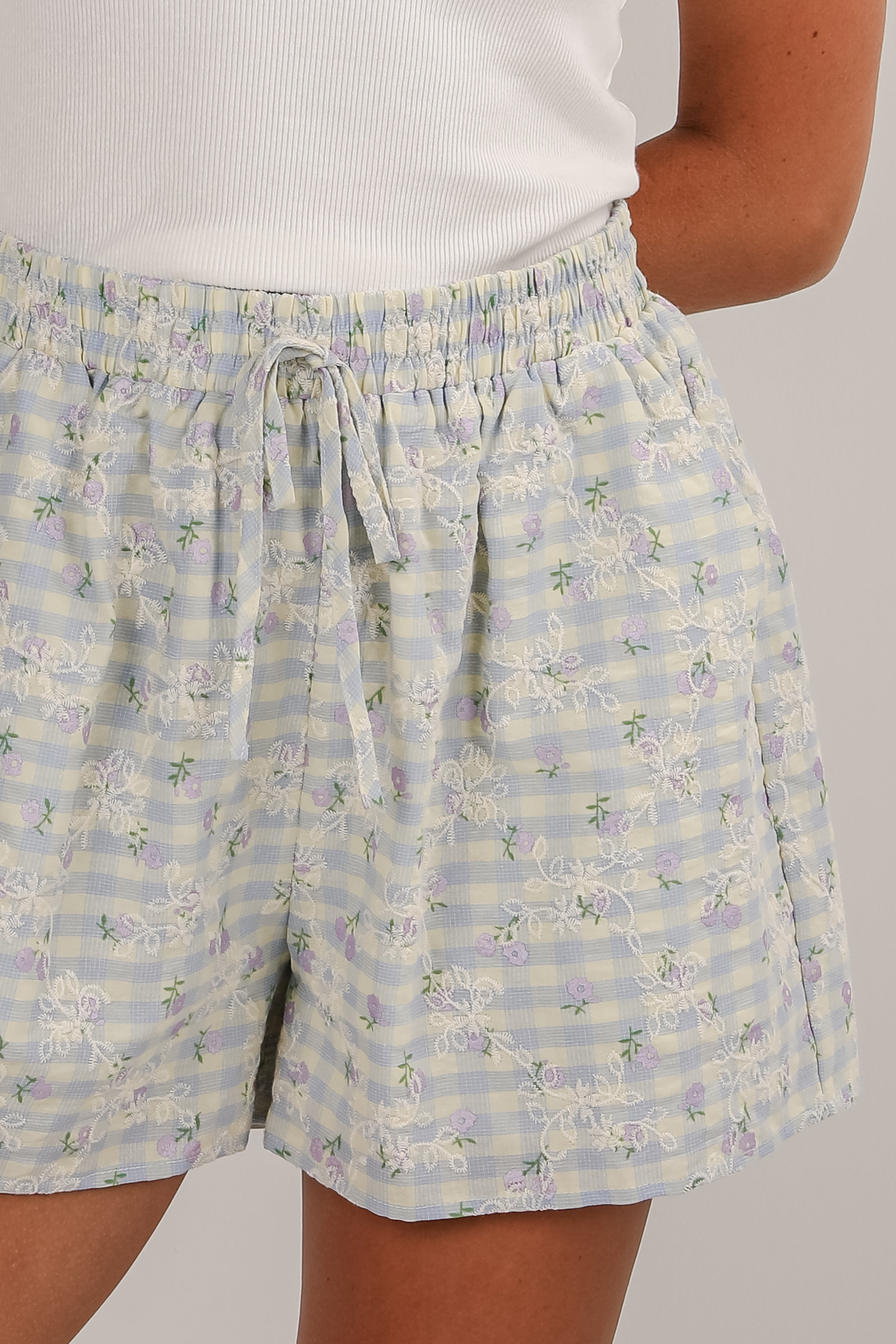 FINAL SALE - Next Thing You Know Light Blue Gingham Floral Embroidered Shorts