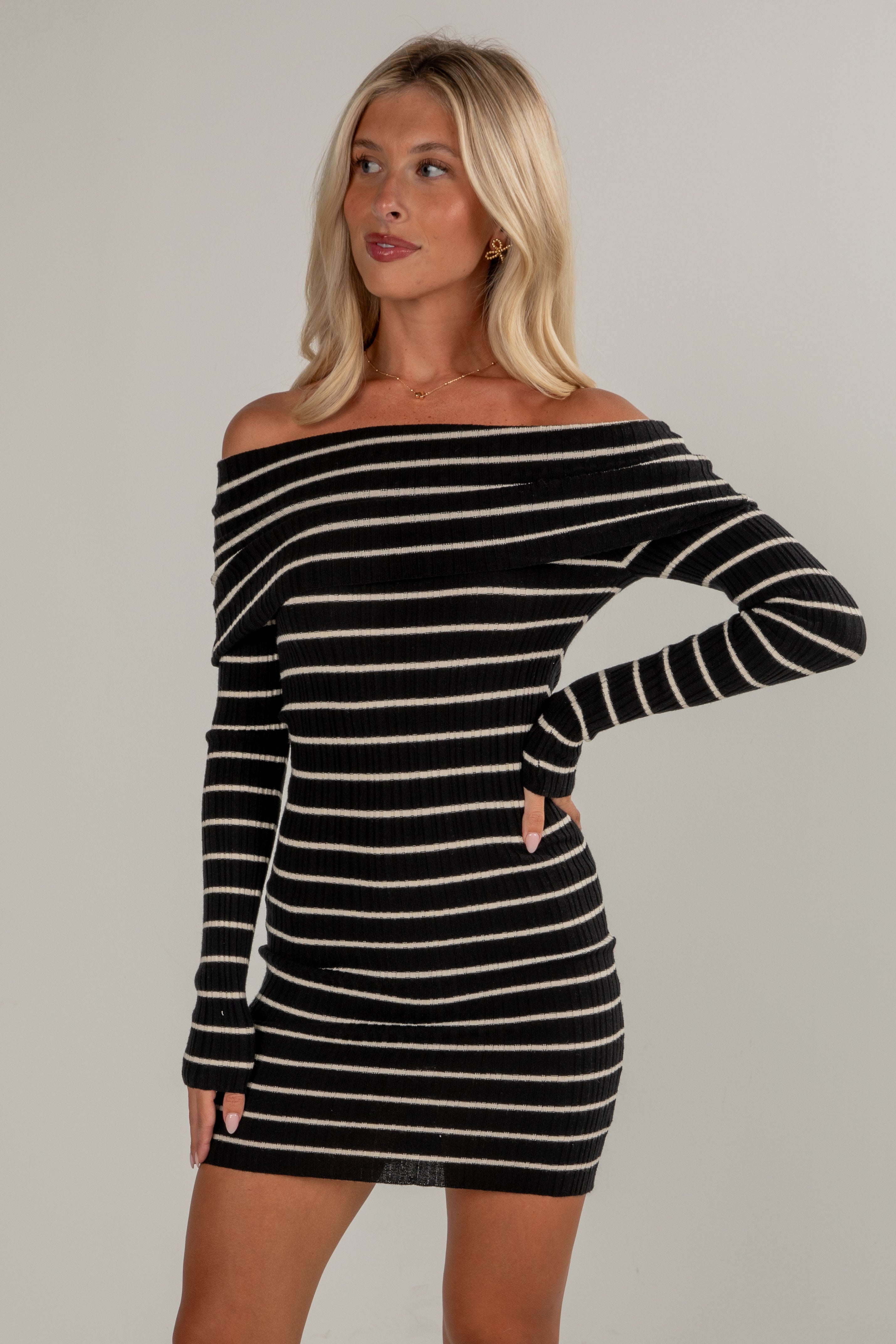 FINAL SALE - Perfectly Classic Black Striped Off-The-Shoulder Knit Mini Dress