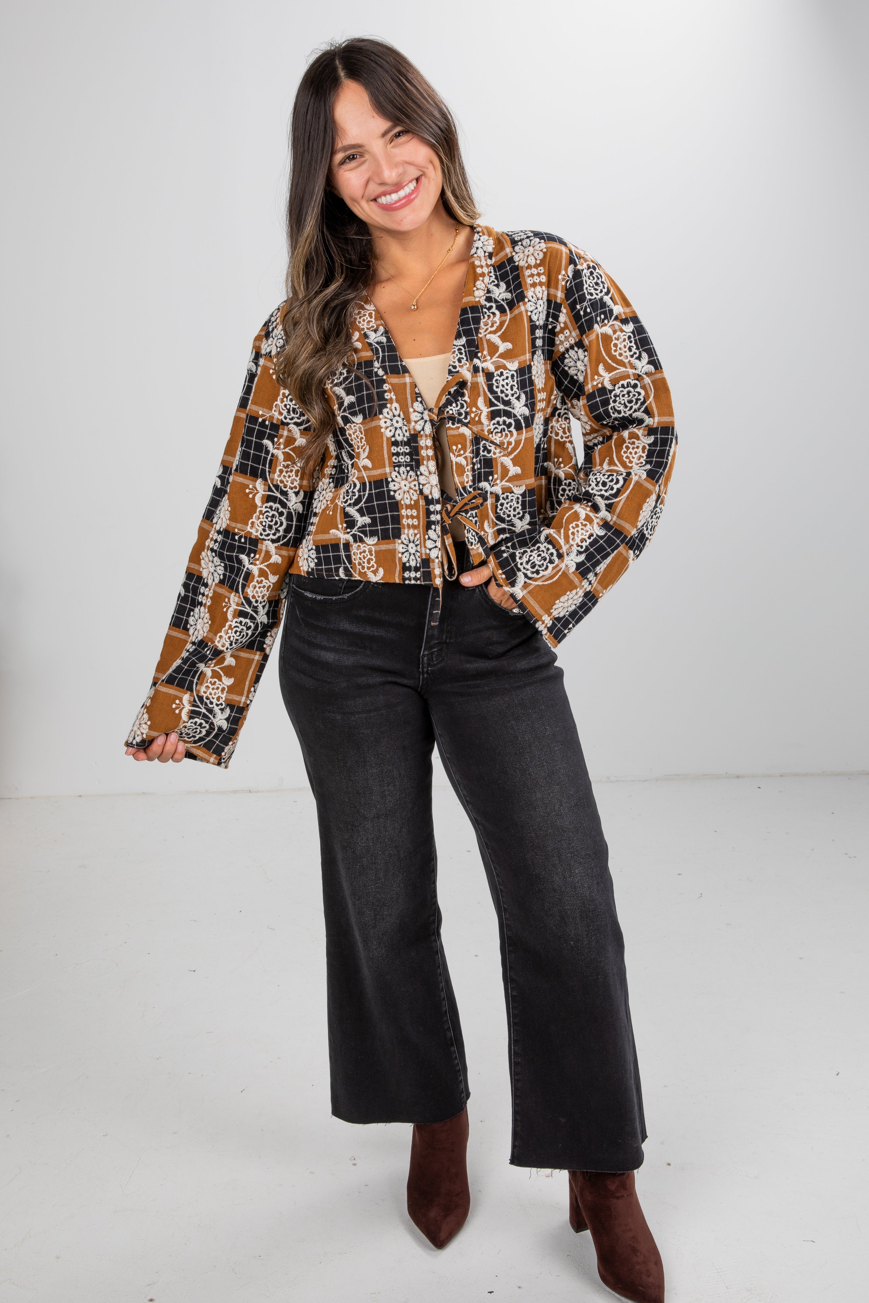 FINAL SALE - Wonderful Times Black Plaid Embroidered Tie Blouse
