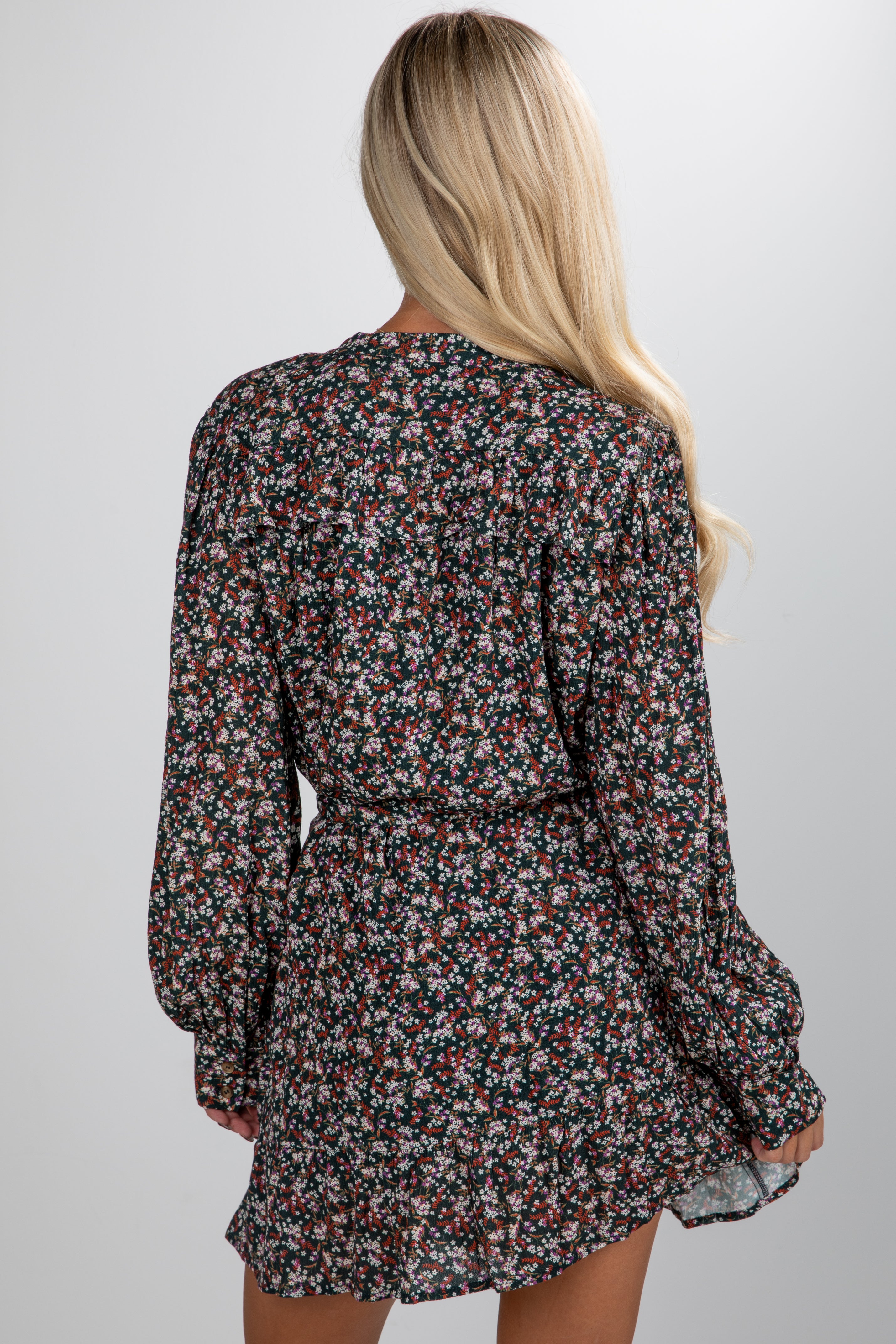 FINAL SALE - Share The Light Hunter Green Floral Mini Dress