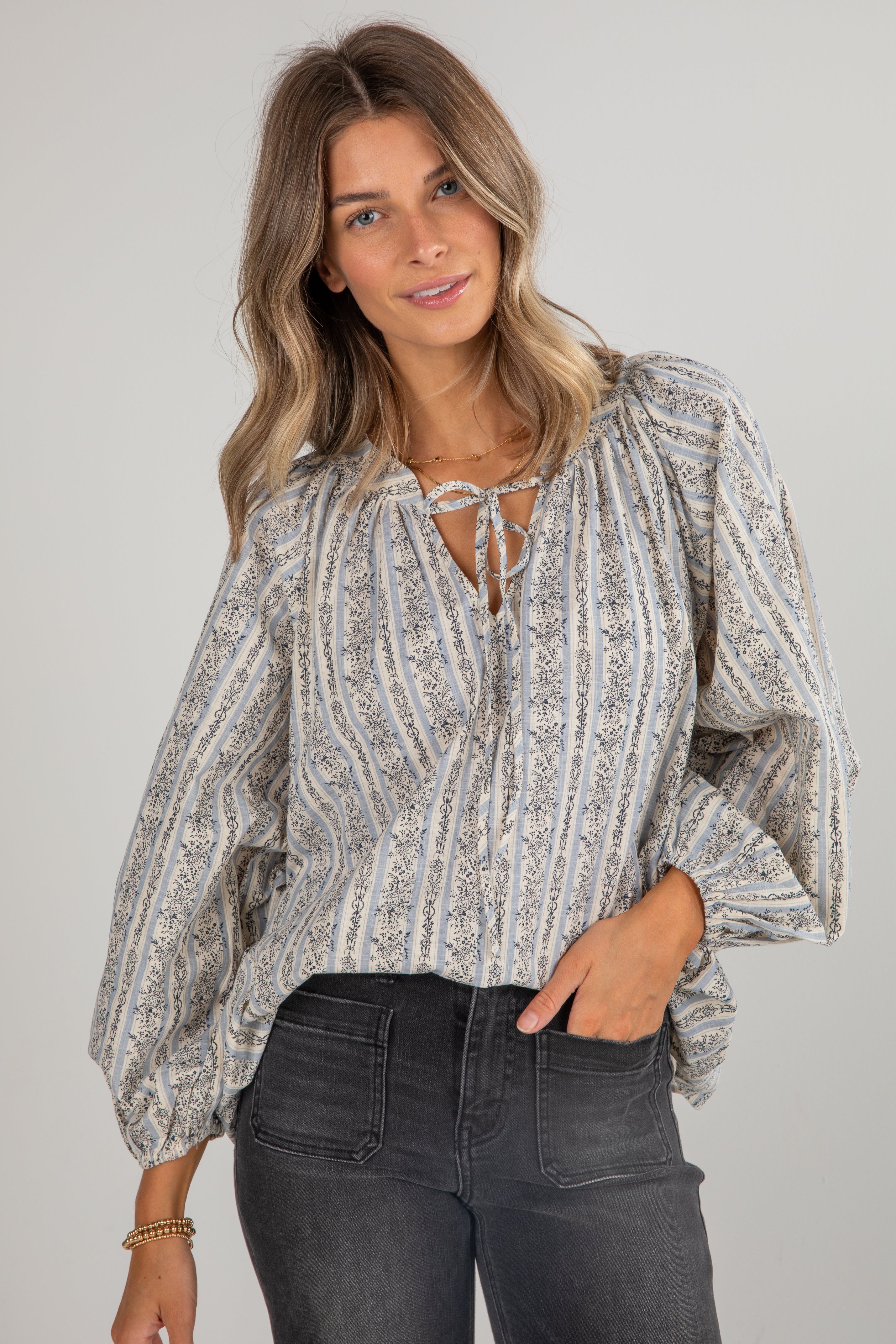 FINAL SALE - Forever In Love Light Blue Floral Striped Blouse