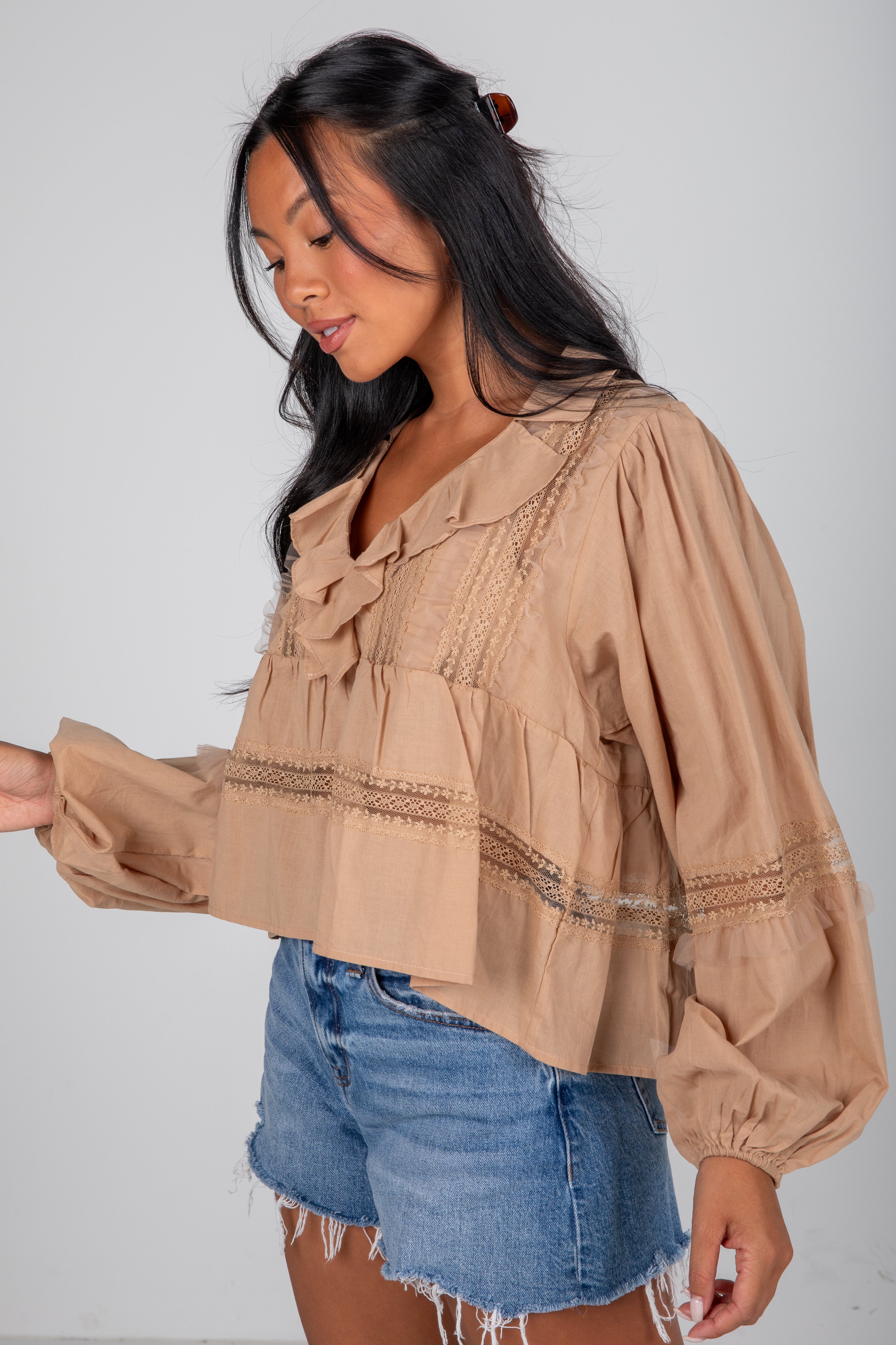 FINAL SALE - Own The Moment Taupe Lace Ruffle Blouse