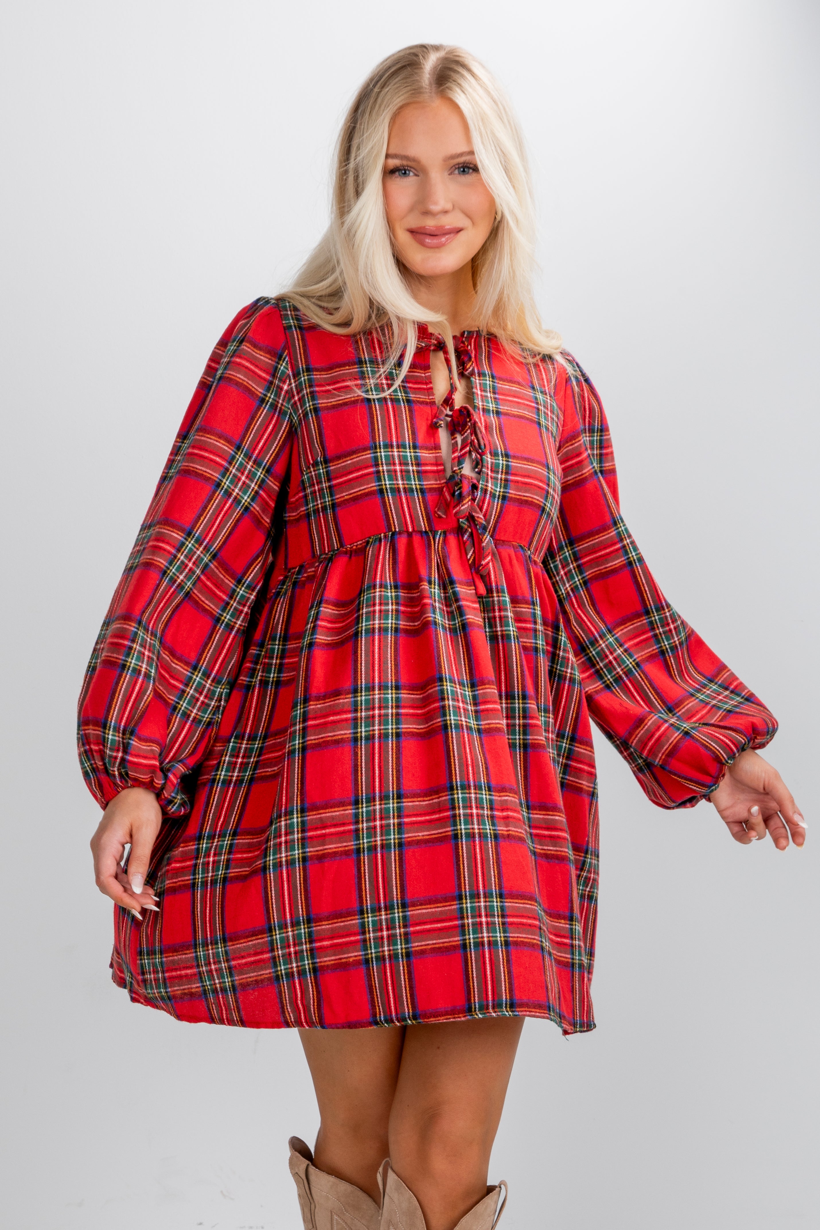 FINAL SALE - Very Merry Moments Plaid Babydoll Mini Dress