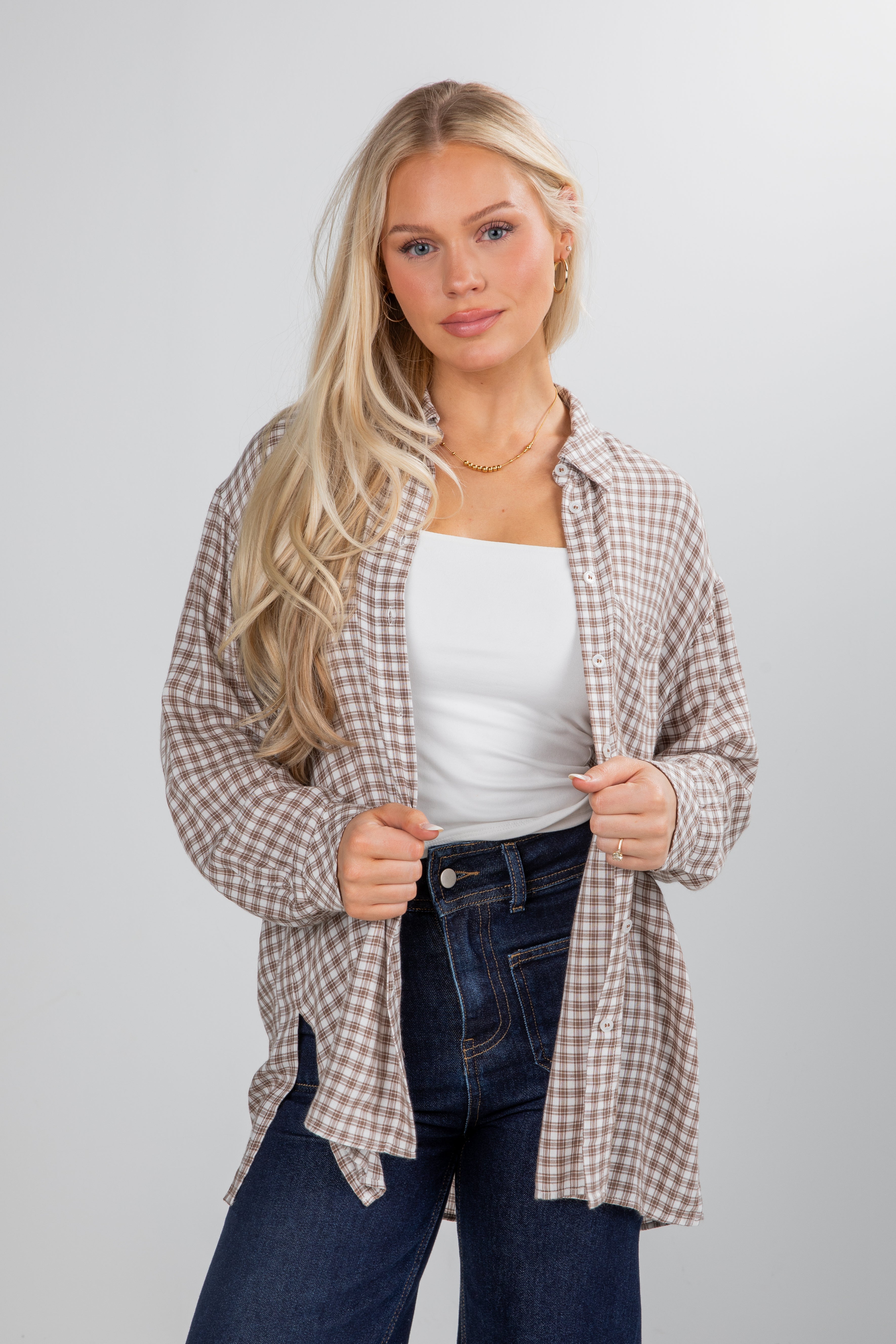 FINAL SALE - Superbly Stunning Taupe Plaid Button-Up Blouse