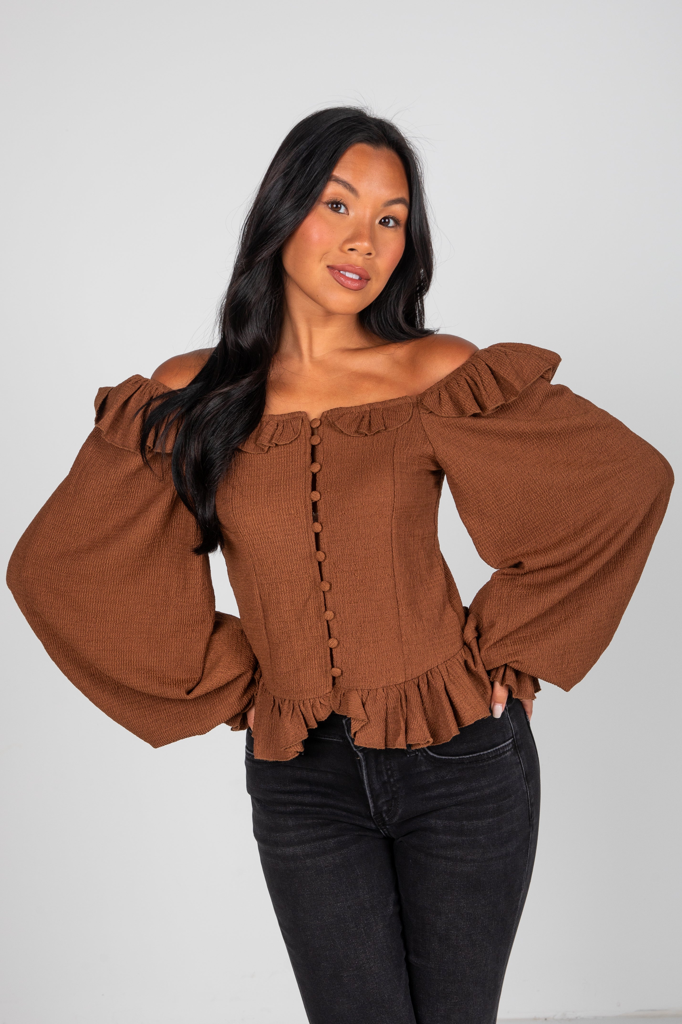 FINAL SALE - Share Your Story Brown Ruffle Blouse