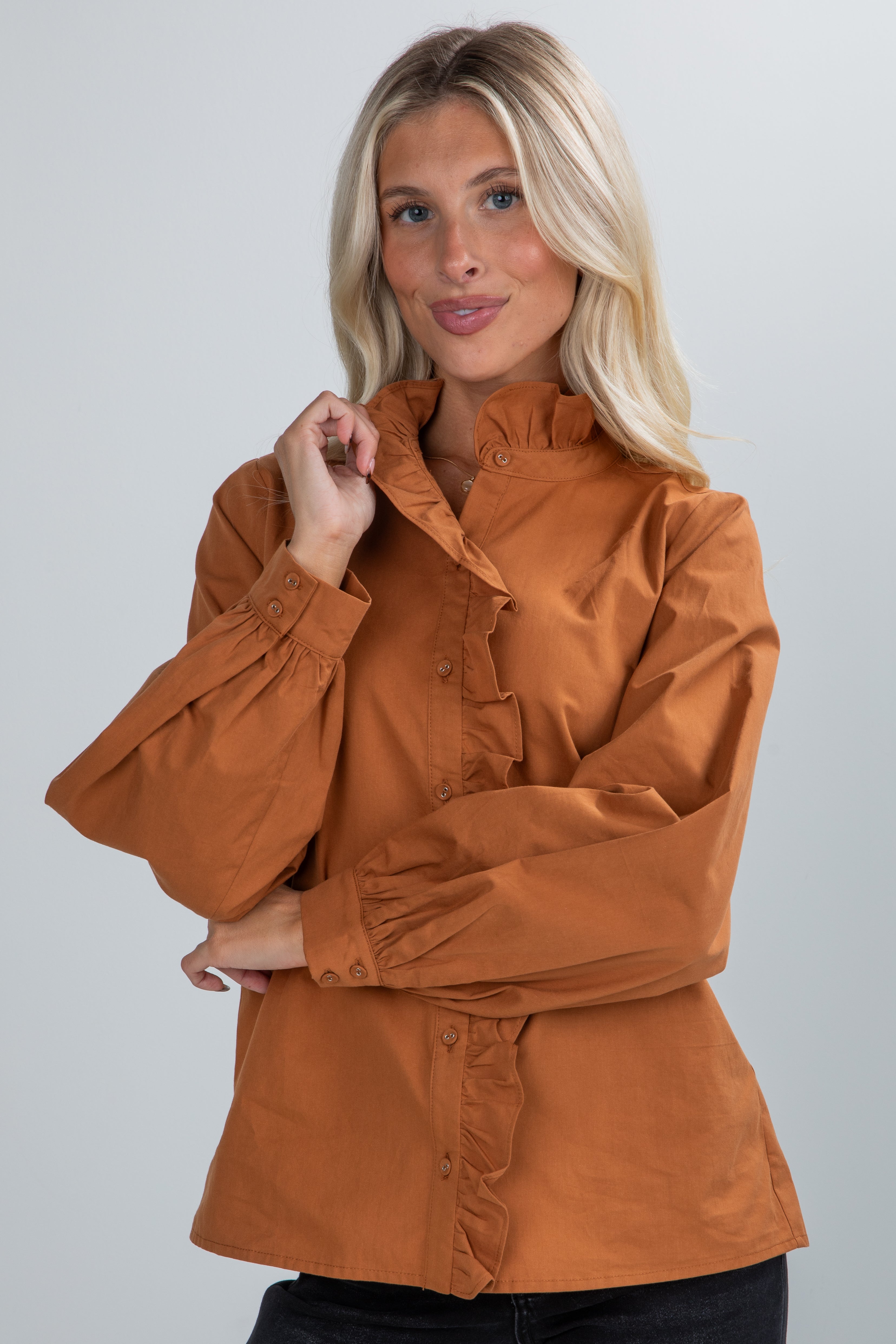 FINAL SALE - Marvelous Darling Camel Ruffle Blouse