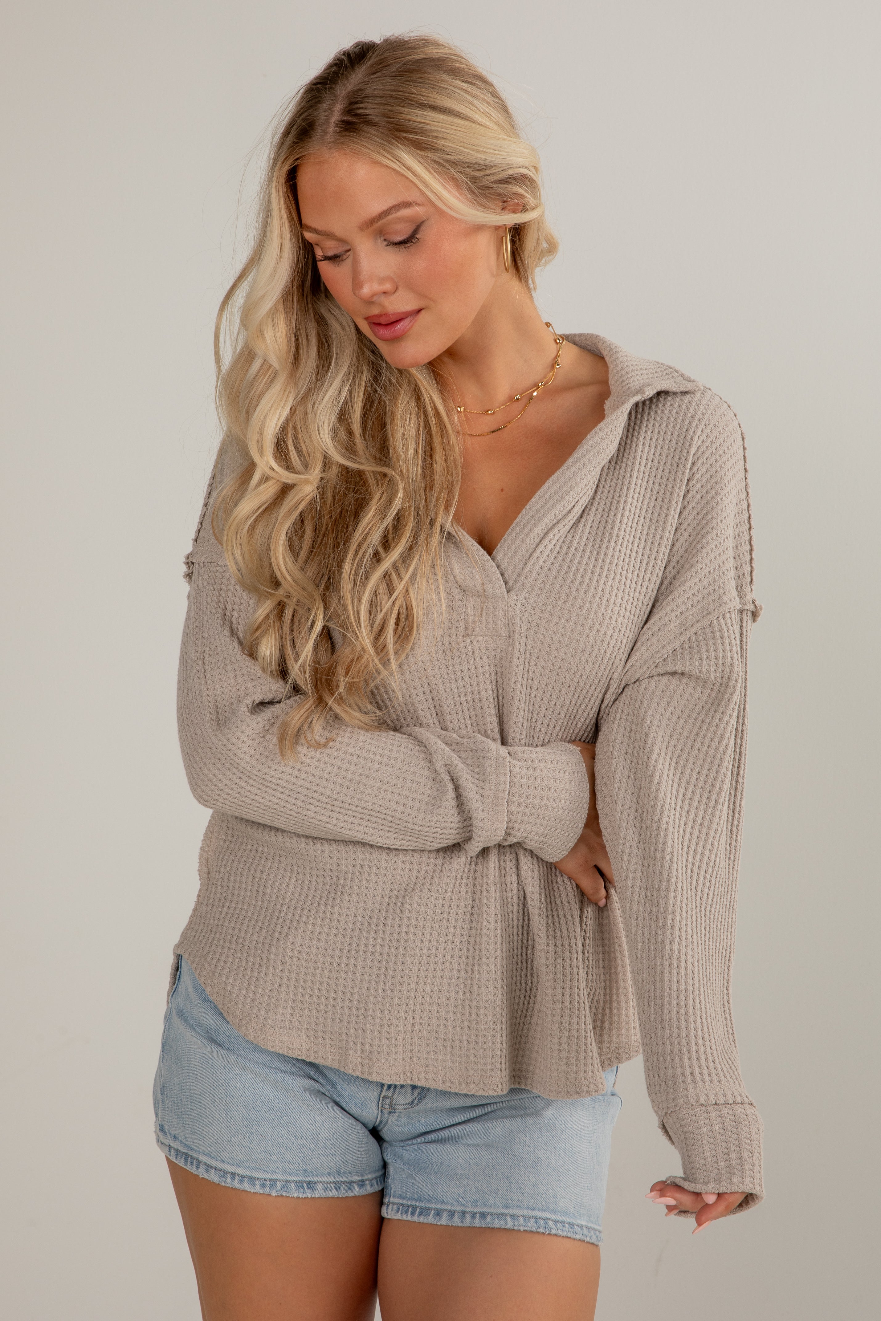 FINAL SALE - Casual Coziness Collared Waffle Knit Top