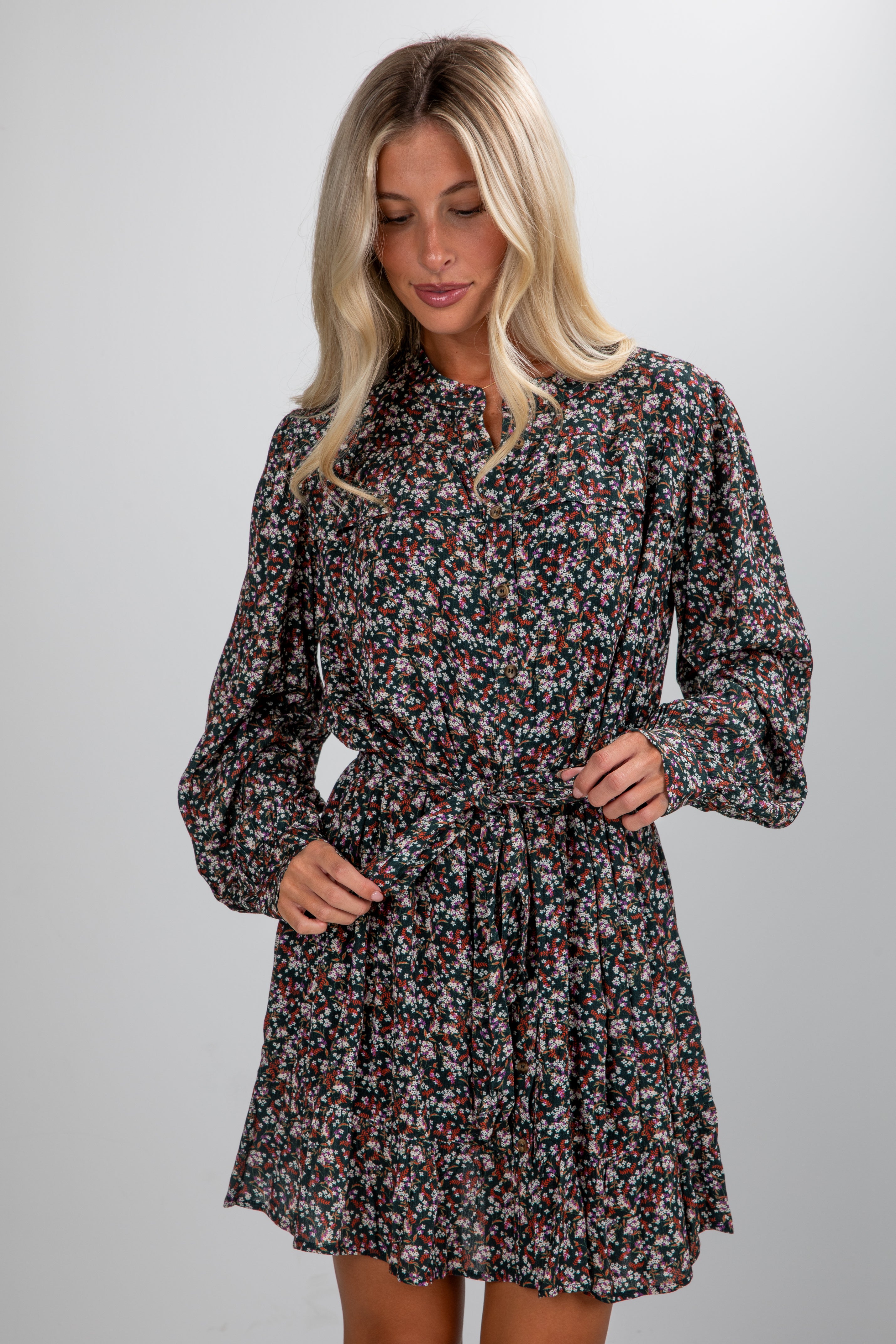 FINAL SALE - Share The Light Hunter Green Floral Mini Dress