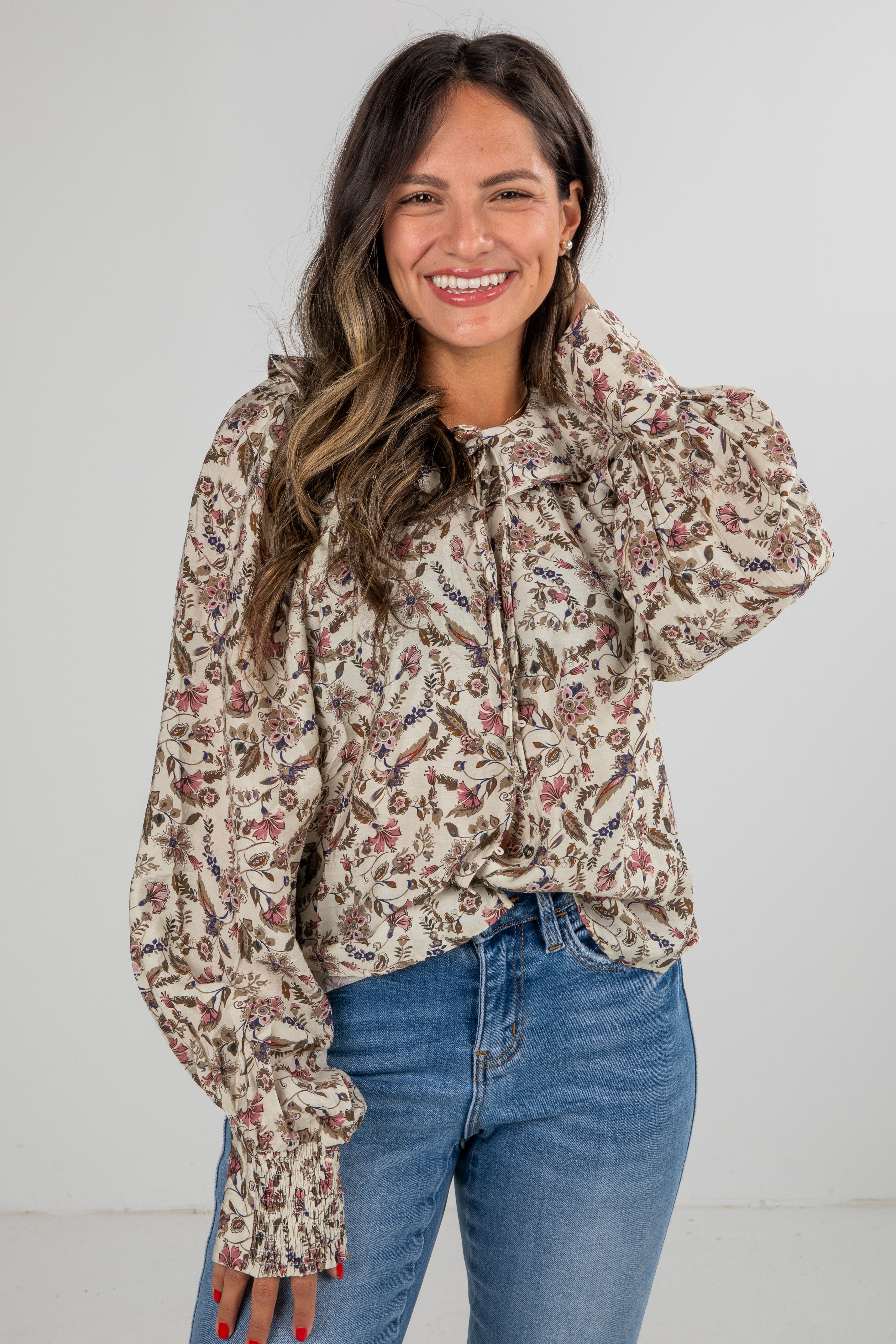 FINAL SALE - Blooming Gently Natural Floral Blouse
