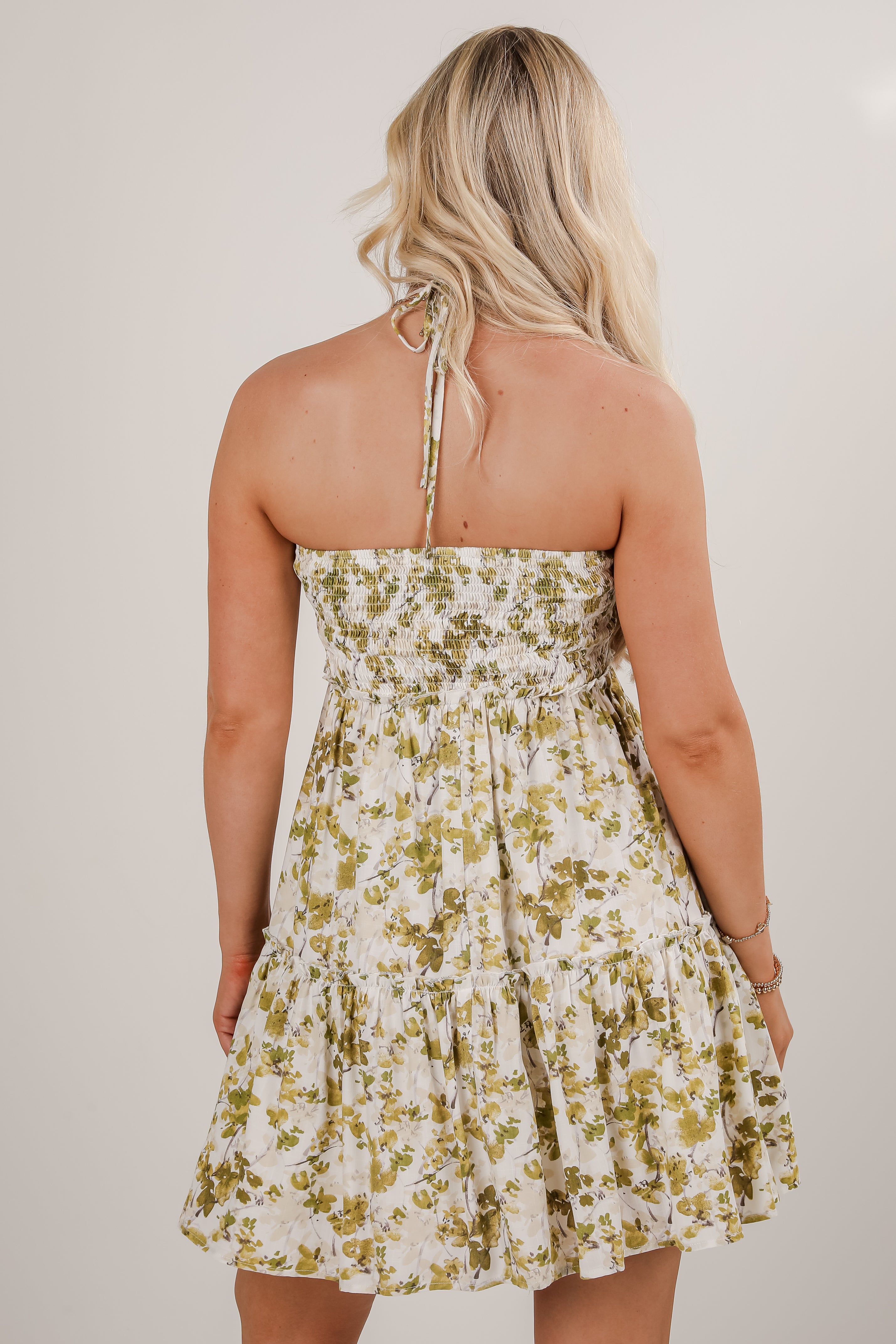 FINAL SALE - Falling In Love Light Olive Floral Halter Mini Dress