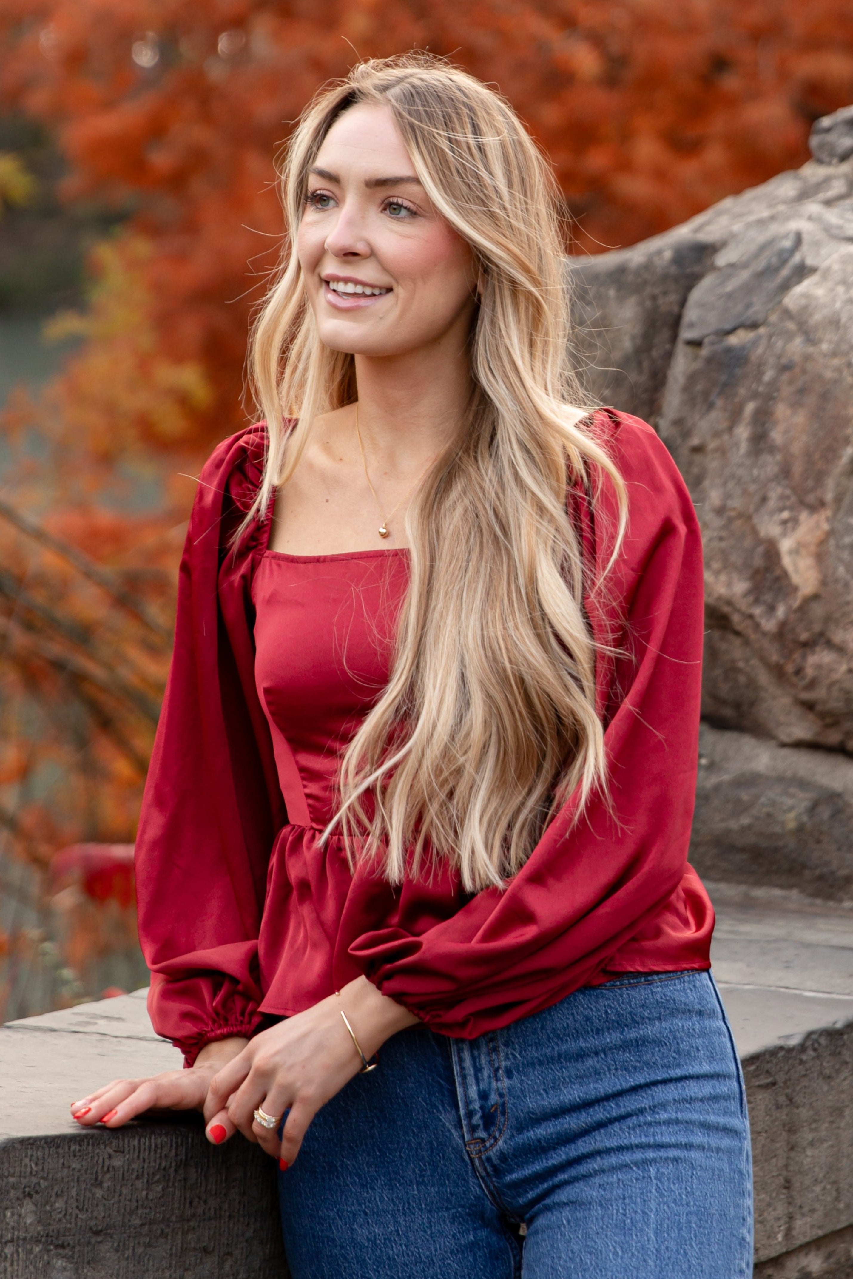 FINAL SALE - Graceful Presence Burgundy Satin Peplum Blouse