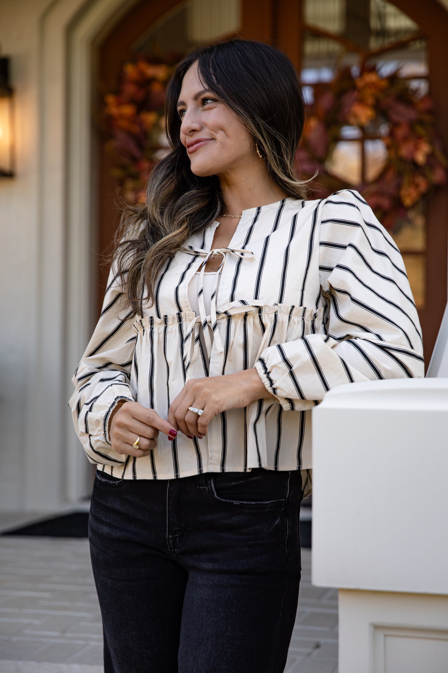 FINAL SALE - Classy Attitude Cream Striped Tie Blouse