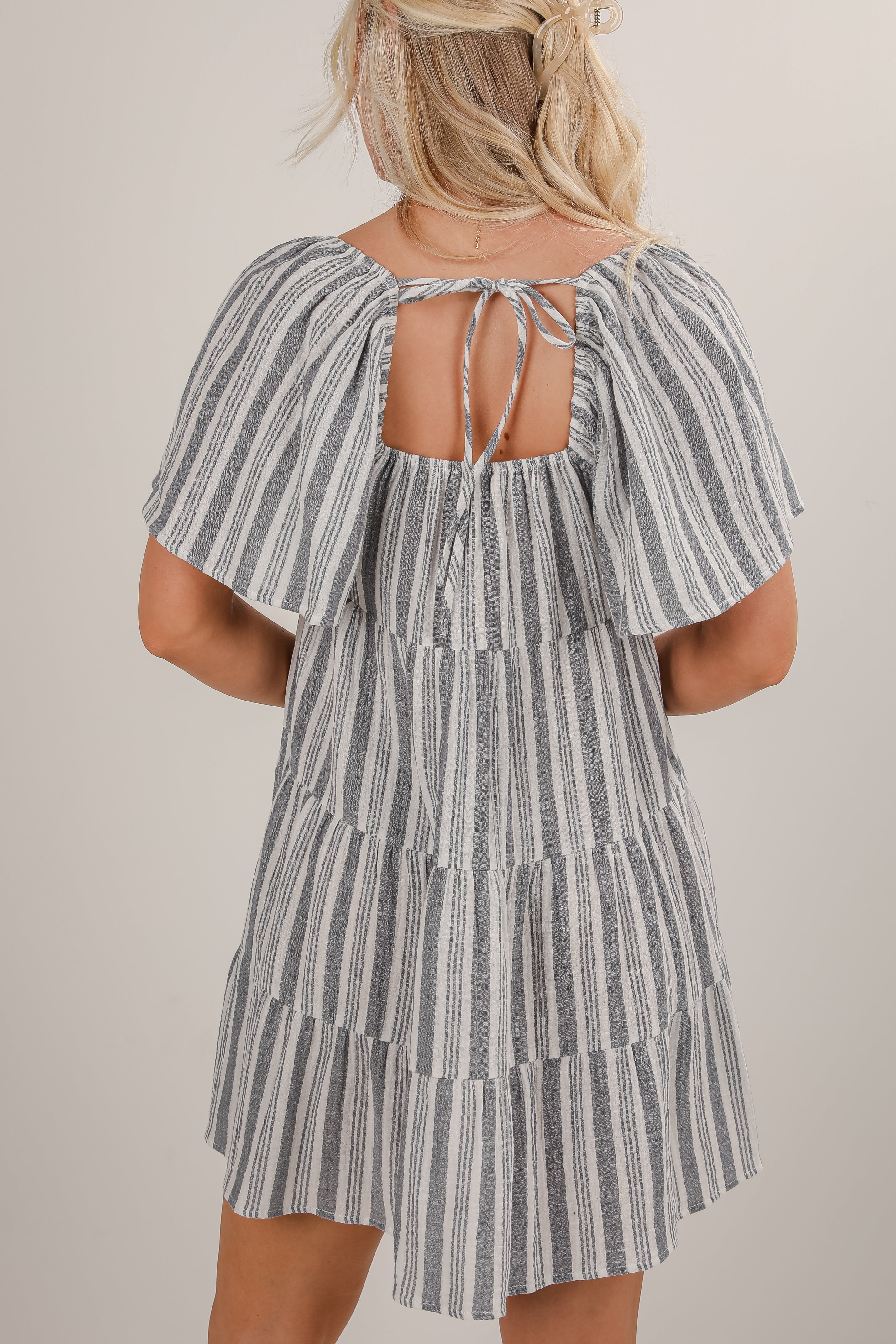FINAL SALE - Hold Your Breath Denim Striped Linen Tiered Mini Dress