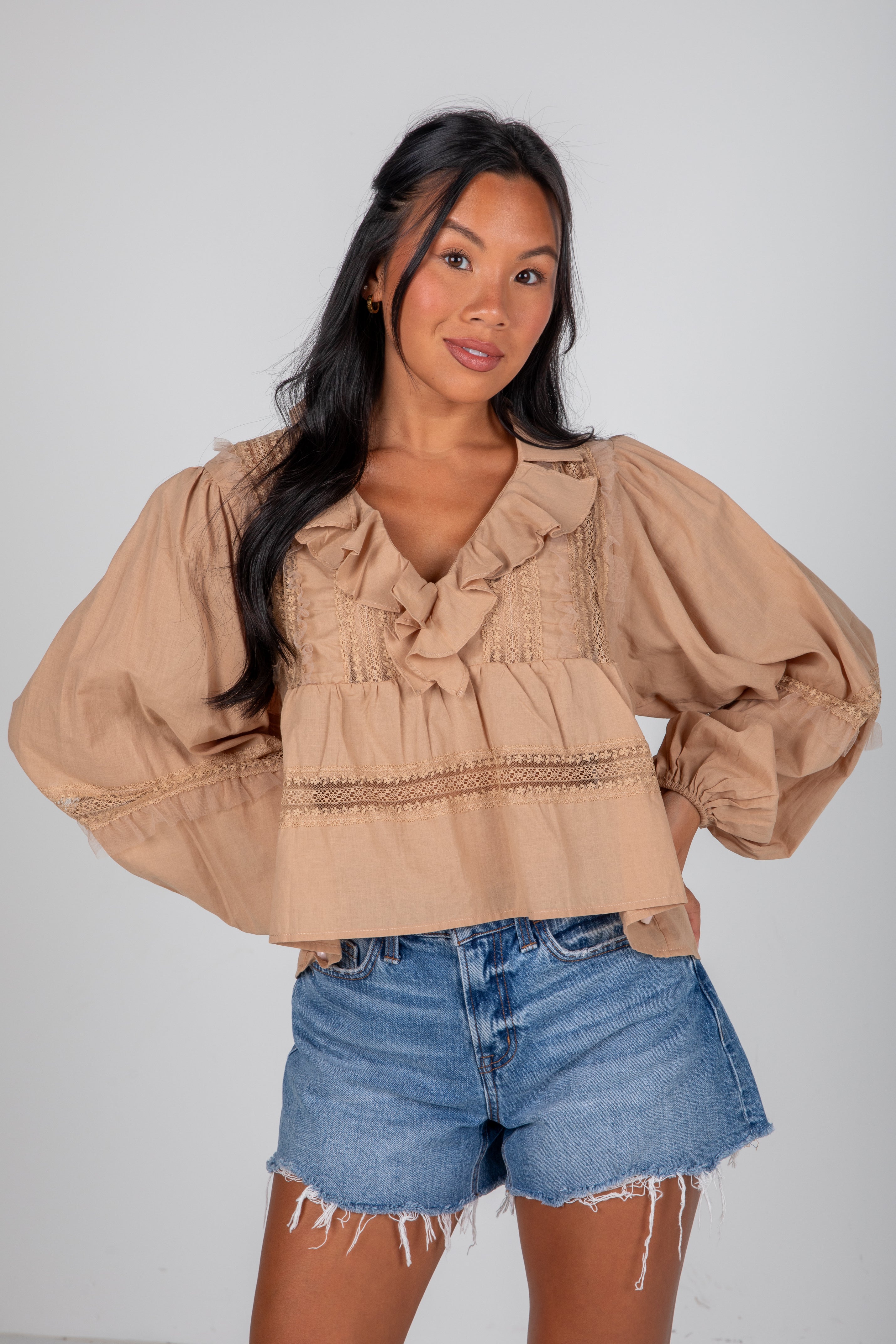 FINAL SALE - Own The Moment Taupe Lace Ruffle Blouse